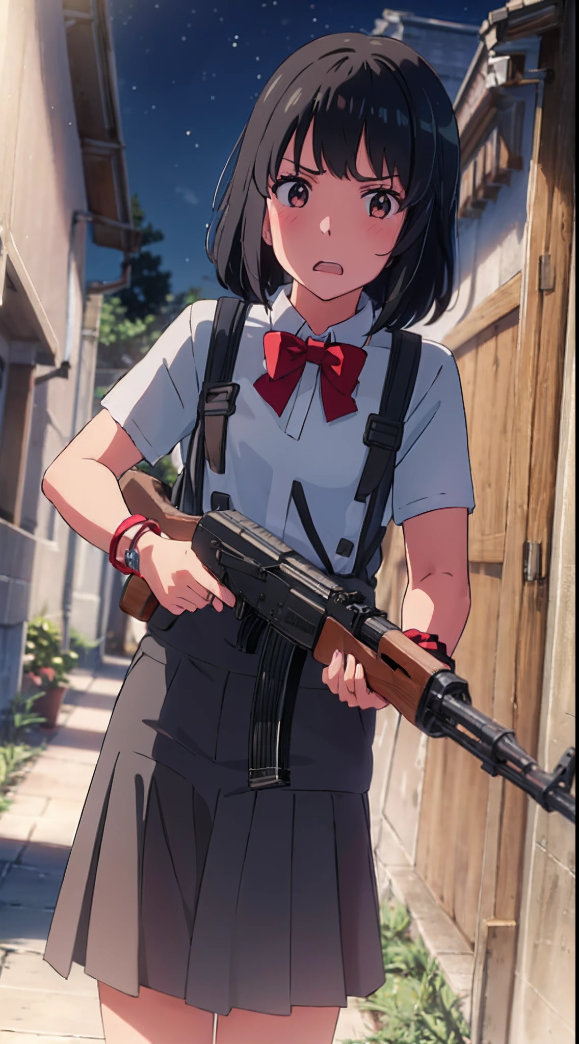 shinkai makoto, blonde hair, hazel eyes, kimi no na wa., 1girl, bangs, black hair, blush, brown eyes, Suspender Clothes, looking at the viewer, Clavicle, red bow, red headband, red ribbon, short hair, cute, solo, skirt, short sleeves, open mouth, Night, Nightview, Outdoors, Fighting Stance, Despair Face, bracelet, cowboy shot, holding_gun, ak-47, akm, assault_rifle, kalashnikov_rifle, aiming, finger on trigger