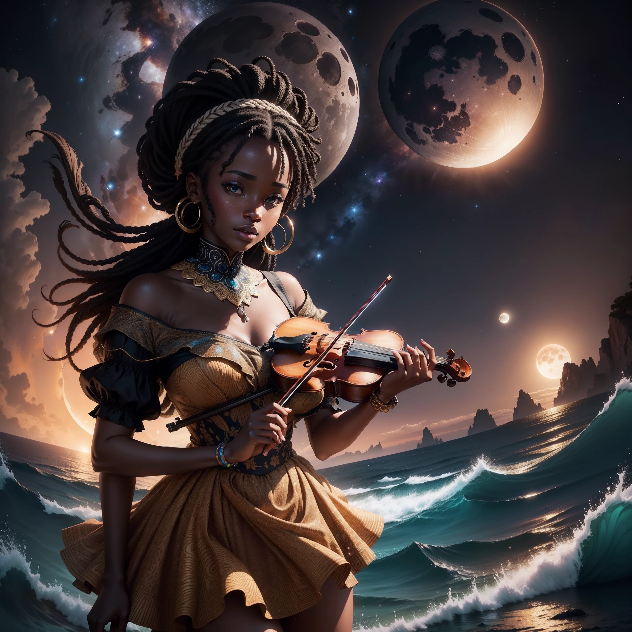 Beautiful black girl playing violin dressed in African design clothes, in between a sea crashing with zn exploding moon covered by stars luminating the scene, with iridescent light, highly detailed images, vibrant beautiful colours, photorealistic image, 8k, ultra HD, unreal engine rendered, cinematic lighting, artgerm style,