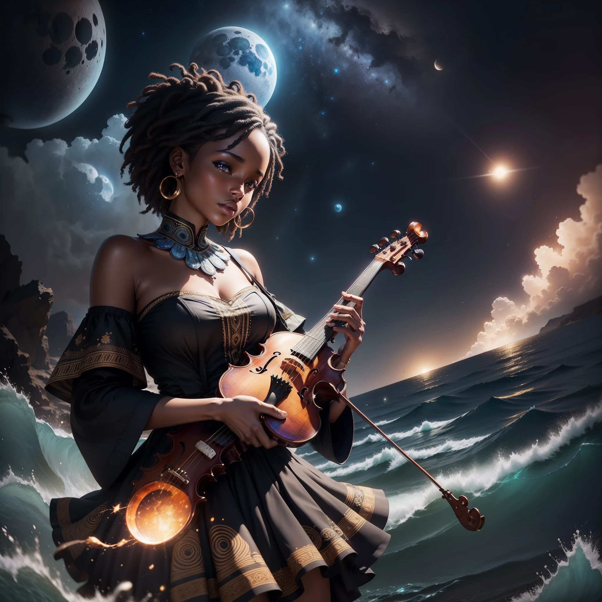 Beautiful black girl playing violin dressed in African design clothes, in between a sea crashing with zn exploding moon covered by stars luminating the scene, with iridescent light, highly detailed images, vibrant beautiful colours, photorealistic image, 8k, ultra HD, unreal engine rendered, cinematic lighting, artgerm style,