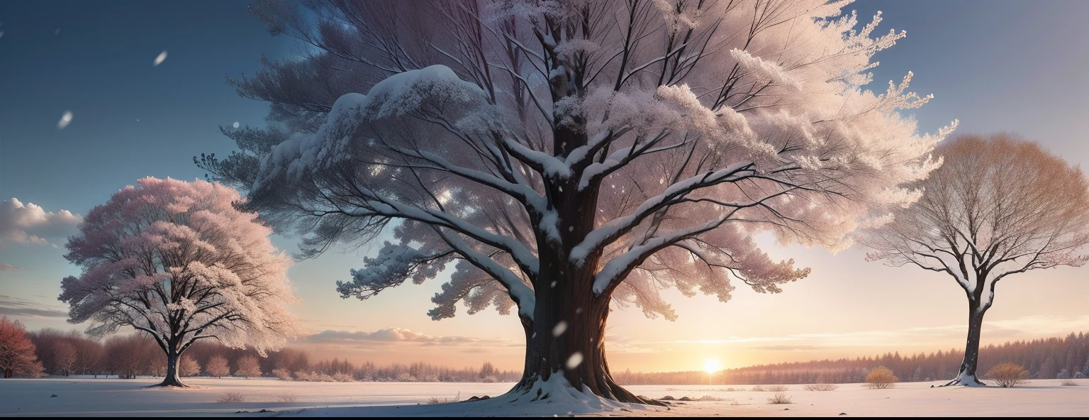 Nature scenery with a main tree and version of that same tree in the four seasons of the year. Heat with lush leaves. Snow with leafless tree. Outono com folhas amareladas, caindo. Primavera com flores.