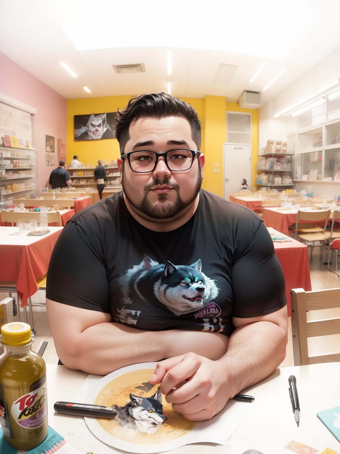Illustration of a fat man with joker and wolf shirt