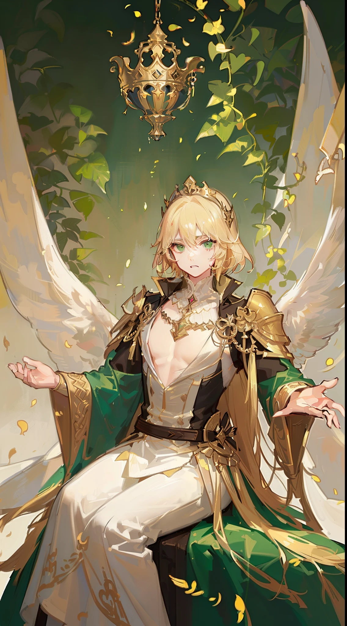 adult man, longue blonde hair, Green eyes, eye on the forehead, Toothed crown, open torso, King-God, wings, Masterpiece, hiquality