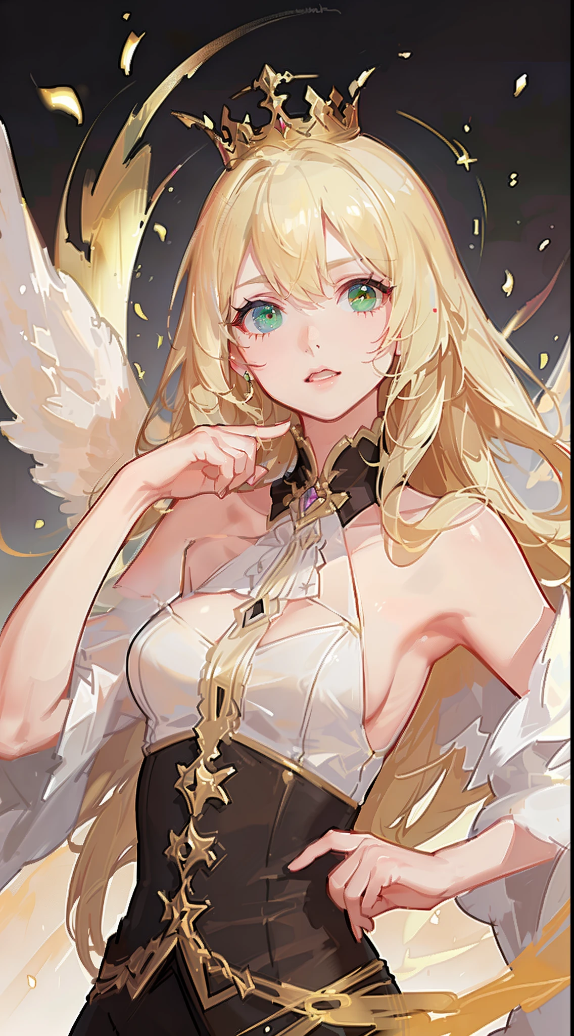 adult man, longue blonde hair, Green eyes, eye on the forehead, Toothed crown, open torso, King-God, wings, Masterpiece, hiquality