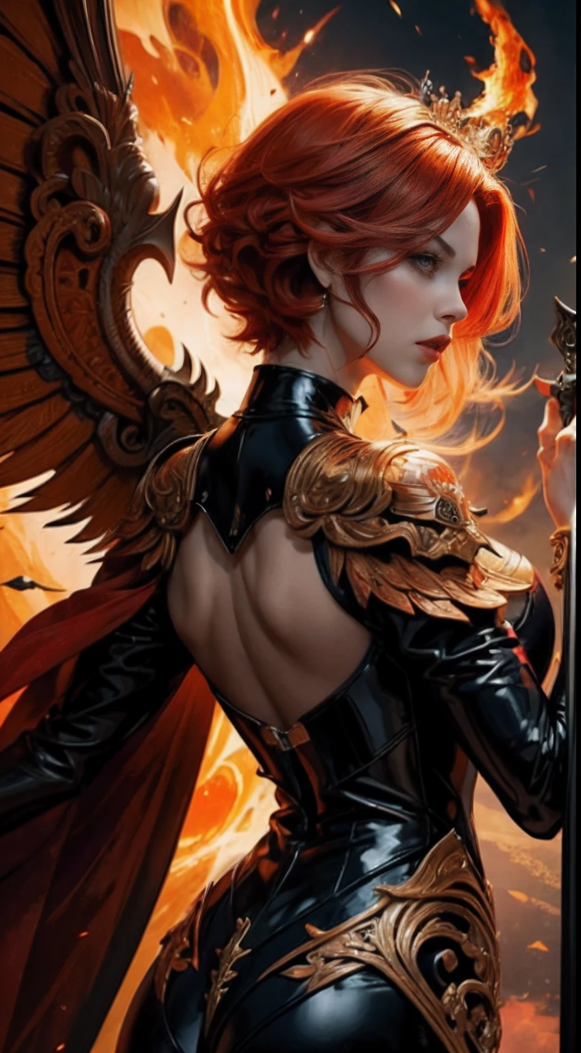 empress of fire,short red hair,large body,black latex clothing,sitting on a throne of bones,metal crown,expression of anger on face,wings of fire,fire scenery,hand drawing,illustration,art nouveau,tarot cards