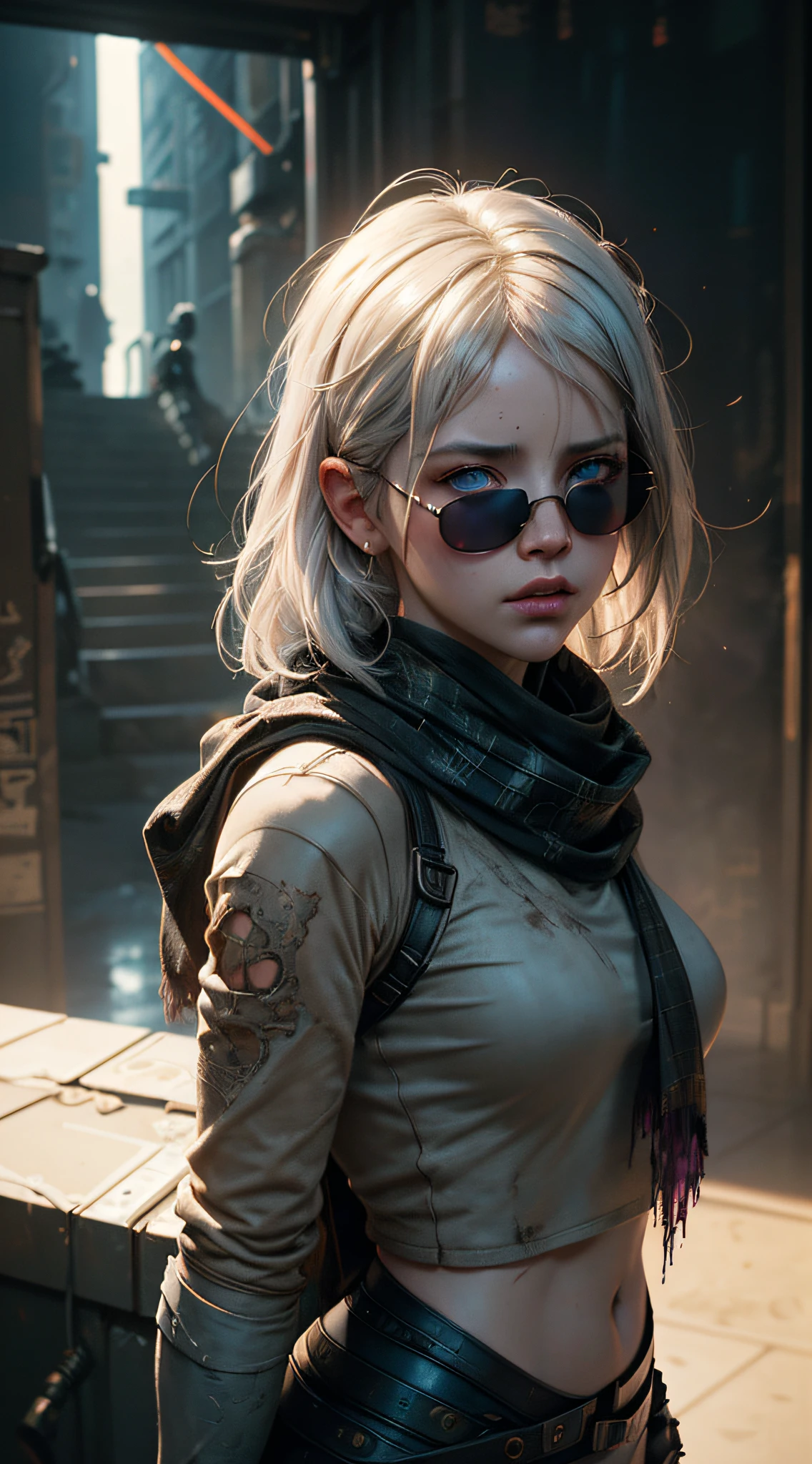 (dark shot:1.1), epic realistic, portrait of halo, sunglasses, blue eyes, tartan scarf, white hair by atey ghailan, by greg rutkowski, by greg tocchini, by james gilleard, by joe fenton, by kaethe butcher, gradient yellow, black, brown and magenta color scheme, grunge aesthetic!!! graffiti tag wall background, art by greg rutkowski and artgerm, soft cinematic light, adobe lightroom, photolab, hdr, intricate, highly detailed, (depth of field:1.4), faded, (neutral colors:1.2), (hdr:1.4), (muted colors:1.2), hyperdetailed, (artstation:1.4), cinematic, warm lights, dramatic light, (intricate details:1.1), complex background, (rutkowski:0.66), (teal and orange:0.4)