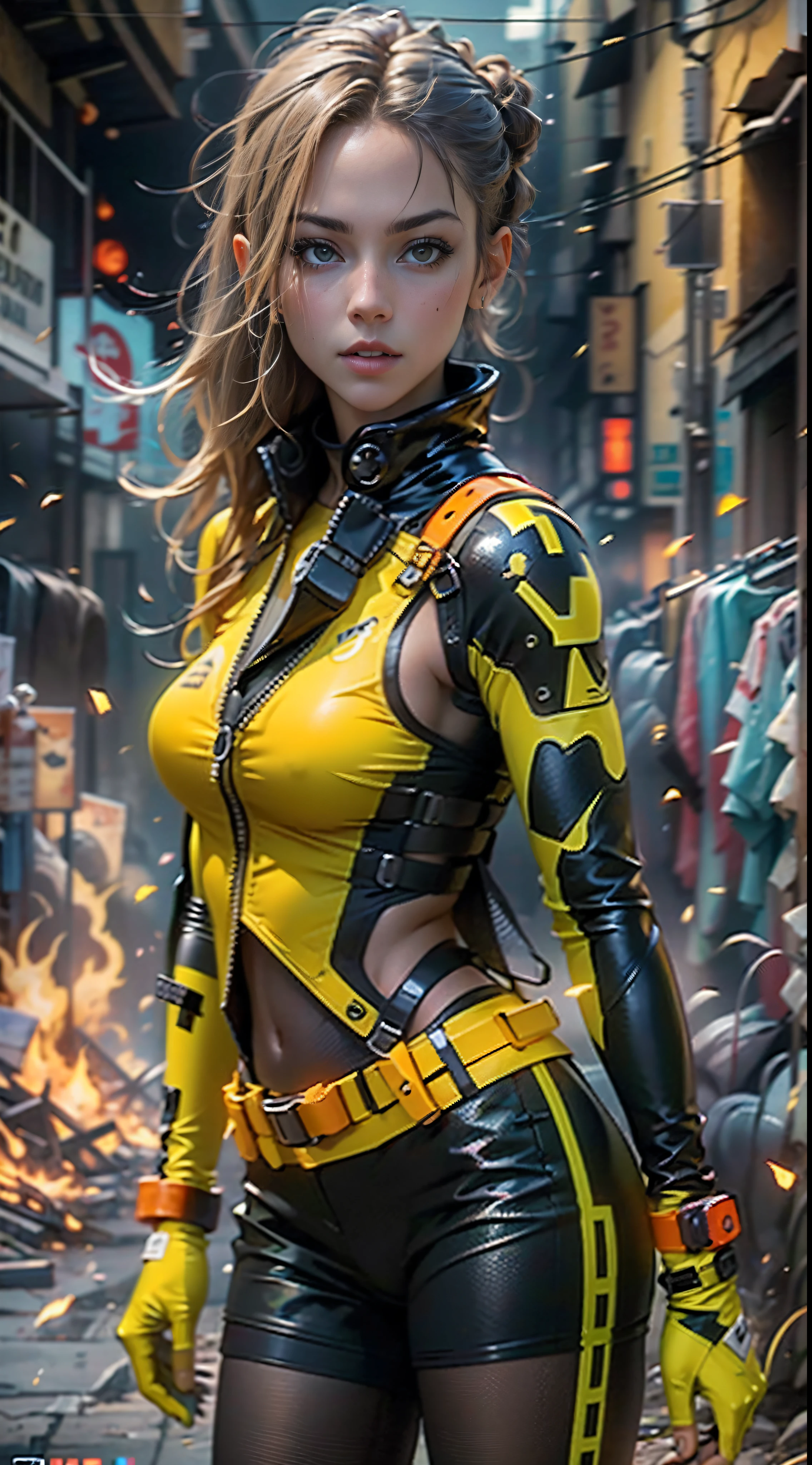 motor irreal:1.4,CG ultra realista 64K, fotorrealista:1.4, textura de la piel:1.4, obra maestra:1.4,Beautiful woman posing behind in yellow latex lingerie posing in an apocalyptic City of Fire,pantyhose, cyberpunk, hermosas manos finas,