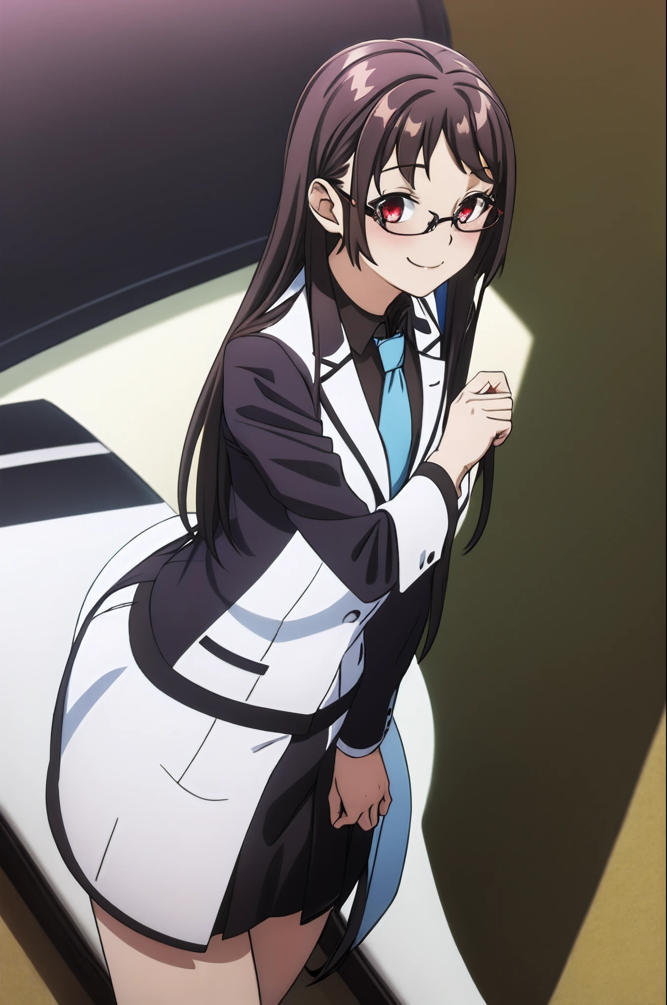 best quality, ((masterpiece)), highly detailed, school, outdoors,
1girl, Houjou Kaori,
looking at the viewer, smile, (from angle:1.3),
red eyes, black hair, long hair, straight hair, (blue necktie:1.2), collared shirt, black shirt, white jacket, miniskirt, white skirt, open clothes, brown pantyhose, (((glasses))), (((mature female))), ((tall)), (milf), blush, smile, look at viewer, cowboy shot, ((rim-less eyewear:1.0))