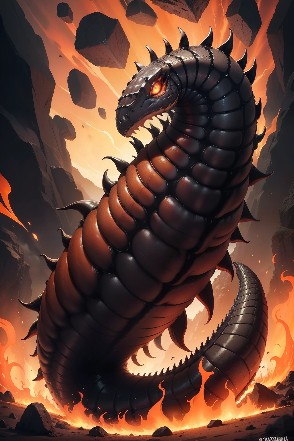 a drawing of a medium-sized creature with a large mouth and sharp teeth, criatura tubular, Misterioso lodo preto com rachaduras de fogo no corpo, verme de areia de fogo, Giygas, its trunk is a long black Annelid of flames, maw detalhado, besta minhoca com chifres, Its trunk is a huge invertebrate slug, monstro minhoca preto com rachaduras de fogo, hot maw detalhado, an scp anomalous object, chifres de fogo, dentes pontudos