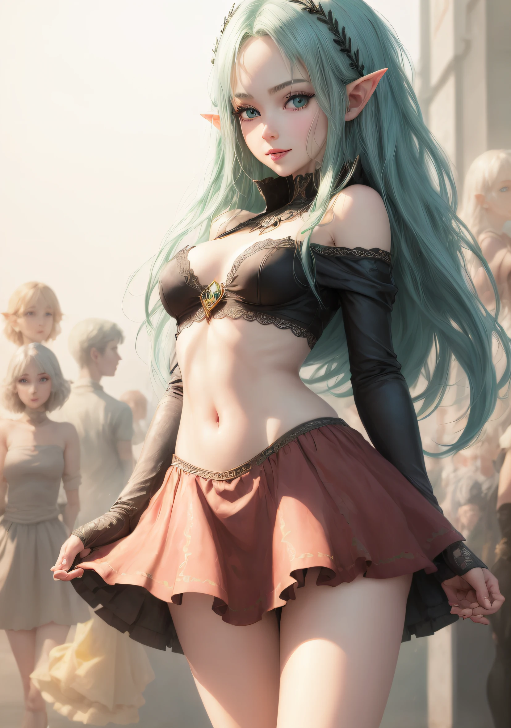 The elf stands and looks at the camera, A girl stands at a fair, blue eyes and pink short hair, She lifts her skirt with her hands, , blue skies, Beautiful clear blue sky, green hairpins in the hair, skinny waist, Slender figure, Appearance of the model, confusion, sexuality, pixie, elf ears, Beautiful ears, green colored eyes, pantyhouse, black tights, little , You can see the, , black clothing, Elf Girl, Sweet girl, attractive anime girl, beautiful anime girl, Cute beautiful anime woman, detailed digital anime art, beautiful anime girl, beautiful anime girl, Anime with small details, Best Quality, Masterpiece, Ultra-detailed, Beautiful, hight resolution, Original,CG 8K ультрареалистичный, perfect artwork, beatiful face, Face Clean, Skin, hyper realistic, Ultra Detailed, A detailed eye, dramatic  lighting, (Realistic) Realistic, Full HD, Best Quality, Best Quality, Beautiful lighting, (8k wallpaper of extremely detailed CG unit), High Details, sharp-focus, The art of dramatic and photorealistic painting, beautiful smile, You can see the ,  ,  ,