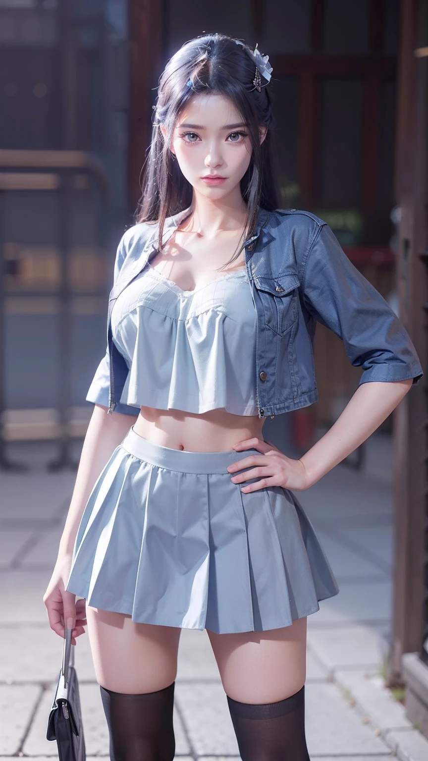 there is a woman in a skirt and a jacket posing for a picture, Surrealism female students, Surrealism female students, Realistic schoolgirl, thighhighs and skirt, photorealistic anime girl rendering, 3 d anime realistic, Smooth anime CG art, photorealistic full body, Photorealistic anime, Realistic anime 3 D style, photorealistic perfect body, wearing skirt and high socks