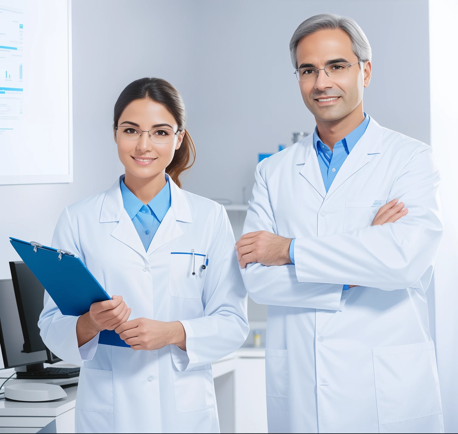 They were two doctors standing side by side in a room, wearing lab coat and glasses, wearing a white lab coat, wearing lab coat and a blouse, wearing a lab coat, doctors office, the doctor, wearing a lab coat, stockphoto, Wearing a lab coat, clean medical environment, doctor, male physician, dentist, labcoat, healthcare worker, Medical photography