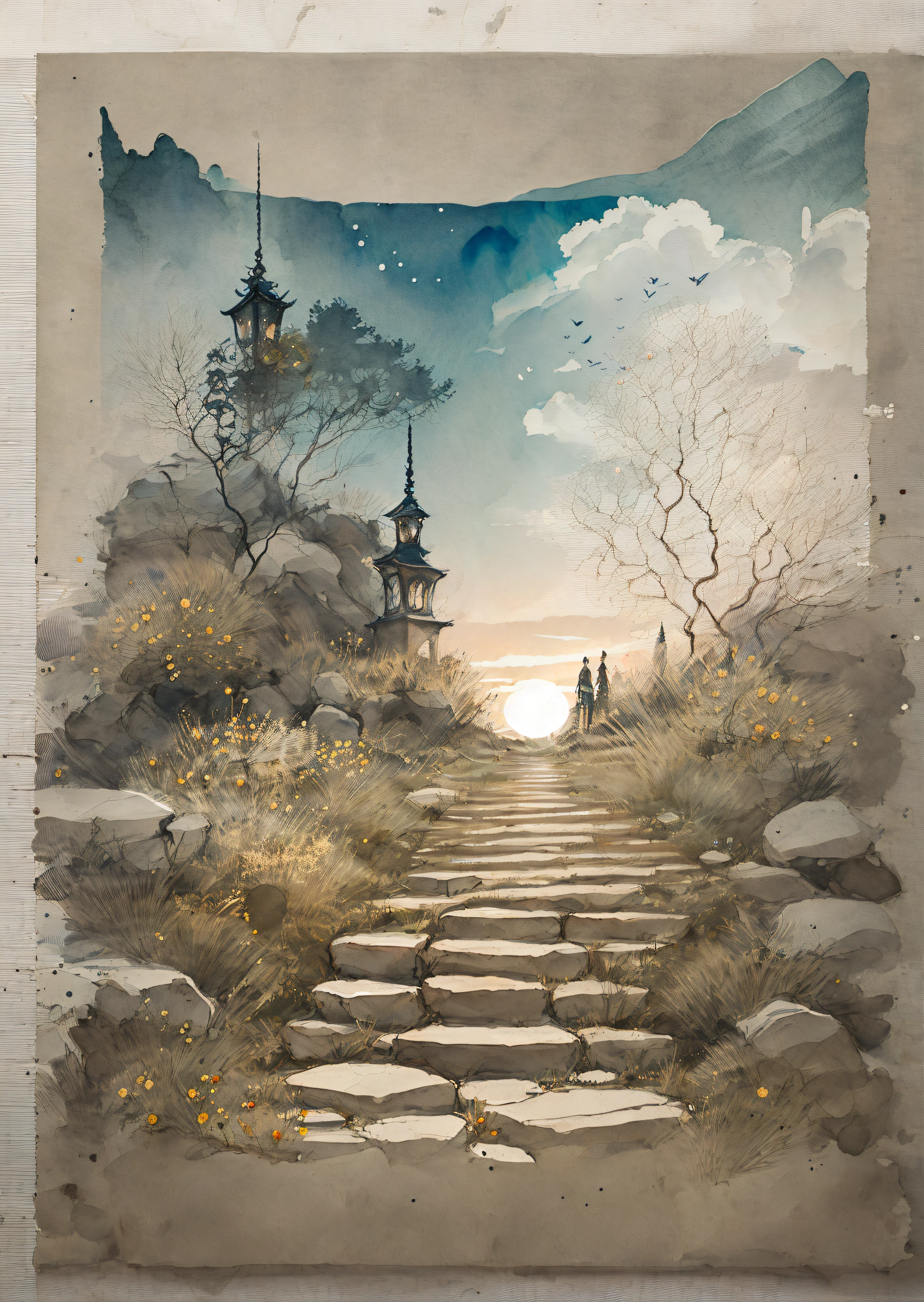 miaobishenghua  , [(white background:1.5)::5], 1 girl, mid shot, full body, butterflies, flowers,floating petal,stone fragment, beautiful detailed water,cloud,sun,dusk,sunset,beautiful detailed gate,