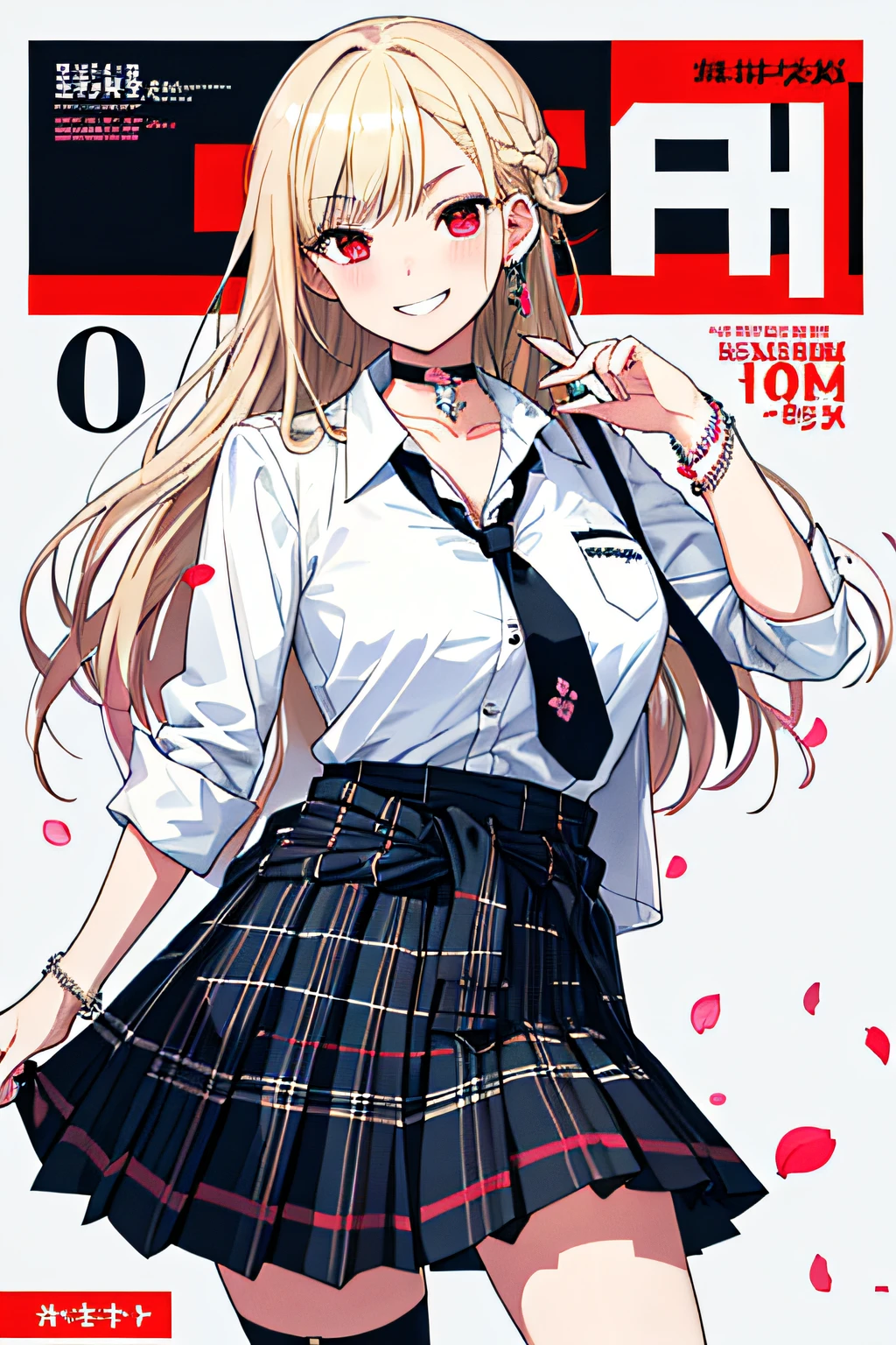 masterpiece, best quality,  full body,
1girl, bangs, black choker, black necktie, blonde hair, blue skirt, blush, bracelet, breasts, choker, clothes around waist, collarbone, collared shirt, cowboy shot, dress shirt, ear piercing, eyebrows visible through hair, gradient hair, grin, gyaru, jewelry, kogal, long hair, looking at viewer, loose necktie, necktie, piercing, plaid, plaid skirt, pleated skirt, red eyes, ring, school uniform, shirt, skirt, smile, solo, white shirt,
street, sky, cherry blossoms, petals,illustration, (magazine:1.3), (cover-style:1.3), fashionable, woman, vibrant, outfit, posing, front, colorful, dynamic, background,  elements, confident, expression, holding, statement, accessory, majestic, coiled, around, touch, scene, text, cover, bold, attention-grabbing, title, stylish, font, catchy, headline, larger, striking, modern, trendy, focus, fashion,