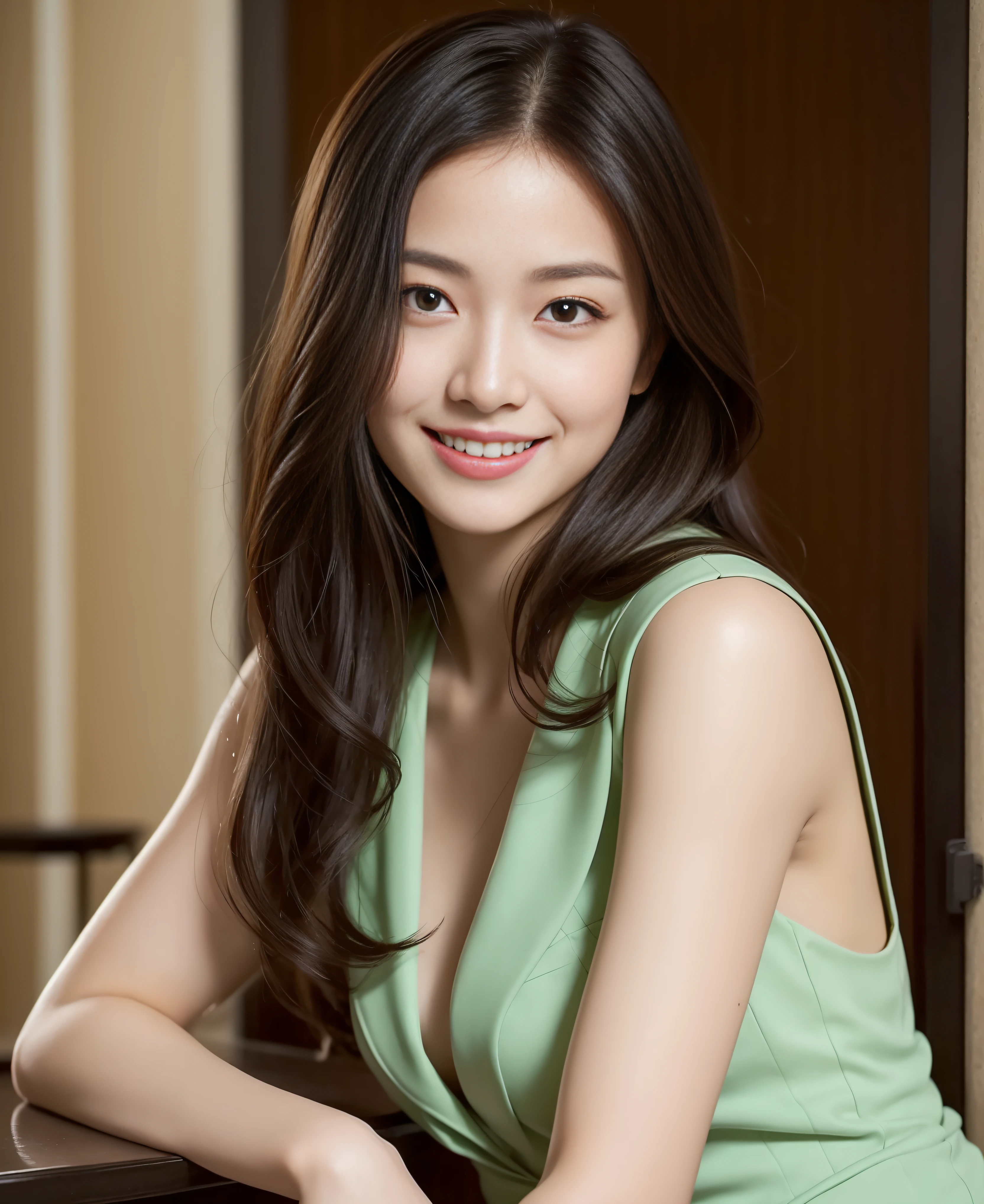 ((best quality, 8K, masterpiece: 1.3)), beautiful girl, pure, melon face, kind and cute, sweet smile, pure desire, slender body, (front), (tilted head), ((looking at camera)) , wearing a green suit, smooth black long hair, flowing long shoulders, round black big eyes, clear big eyes, moist red lips, sweet, turn around, sitting in the lobby, hotel background, ((((whole body)))),