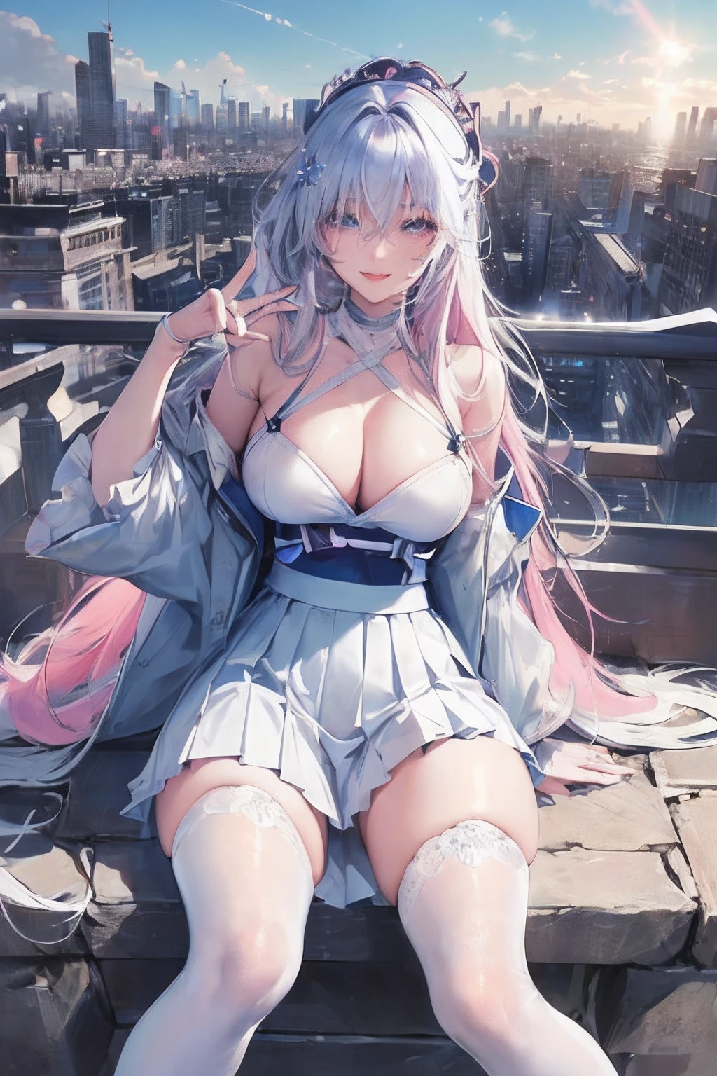 official art, masterpiece, sharp focus, (beautiful gorgeous cute Korean woman:1.3), (beautiful cute korean:1.3), korean beauty, Delicate and beautiful hair and eyes and face, realistic, ultra detailed, beautiful girl, blue sky, glow white particle, (sidelighting:1.2), sun light, white cloud, detailed clouds, slender, Lovely very large breasts and very large hips, smile with teeth, ((smile with eyes, open both eyes)), scenery, long straight hair, sexy facial expression, building, (cityscape:1.7), dynamic hair, long straight hair, detailed platinum pink hair, glow blue eyes, (blue pleated shirts + white skirt), white long socks, pale skin, hair ornament, epic scenery,