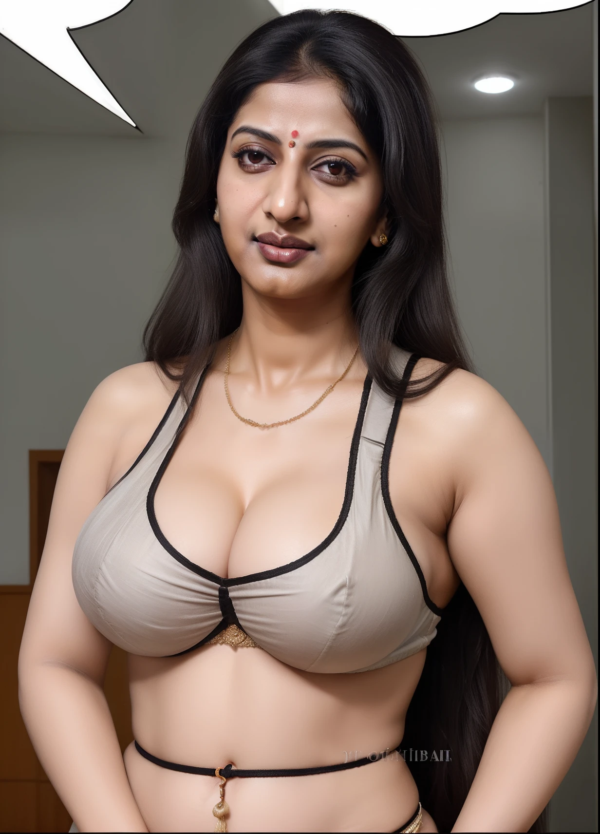 Make it real, realistic, savita bhabhi, white baniyan, deep navel, cleavage , black messy hair, long hair