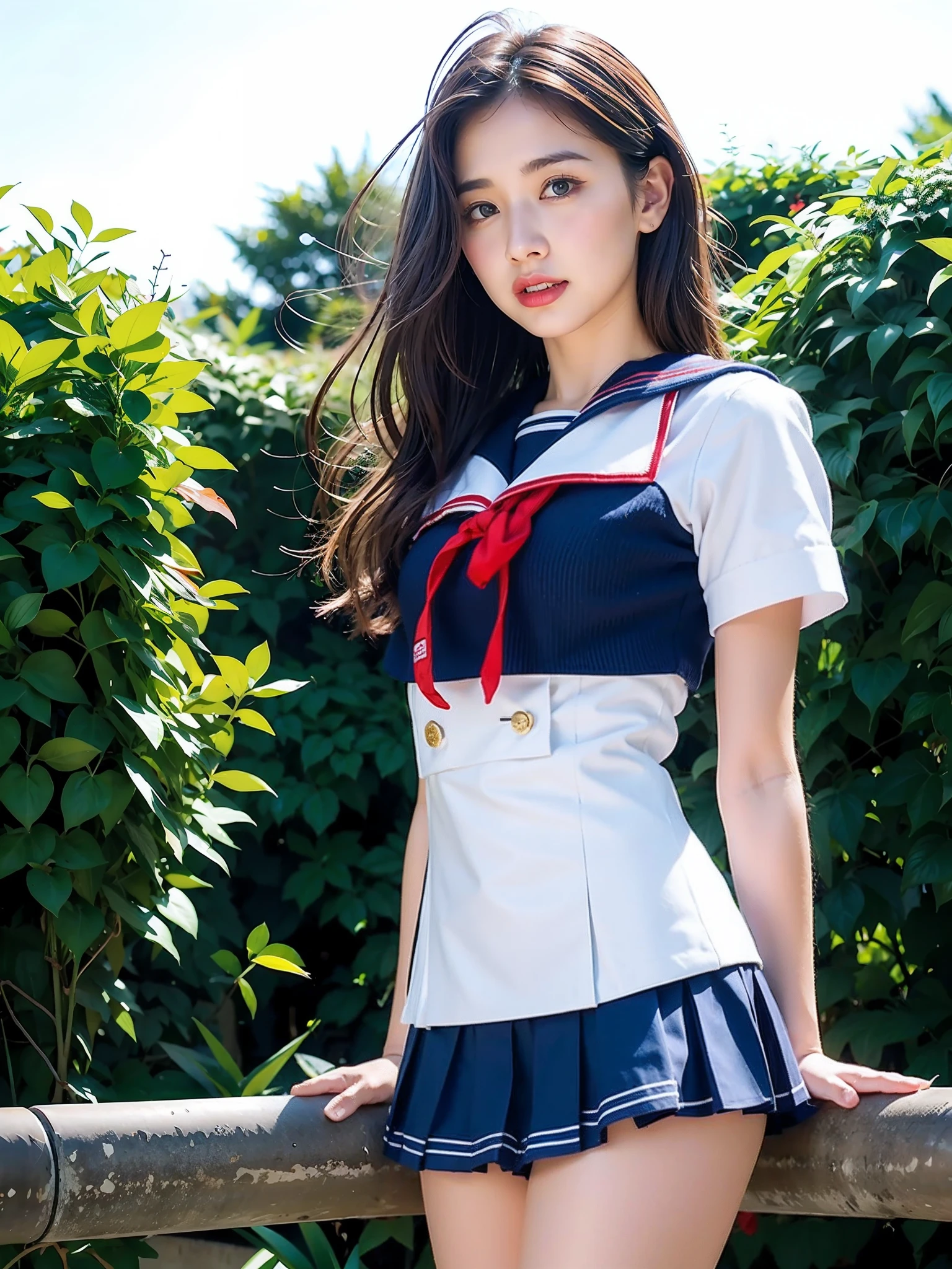 mix4, (16 K, Raw photography, Top image quality, masterpiece: 1.45), (realisitic, Photorealsitic: 1.37), one girls, 7.5, etc、Random hairstyle、Standing figure,Morning time slot、a very cute,a park,, profetional lighting, photon maping、physically-based renderingt, Gradient dark brown hair,, a handsome, Well-groomed and beautiful eyes、Large double eyelids、Very shiny、girl with, (((student clothes、Winter clothes、Sailor suit worn by Japan schoolgirl、Navy blue sailor color、scarf、a miniskirt, Small beret、high socks、lowfers))), Top Quality Photos, hight resolution, 1080p, (clearface), (Detailed face description), (Detailed hand description), (masterpiece), (Exquisite CG)、extreme light and shadows、dishevled hair、master work、abundant detail、(Fine facial features)、(top quality photo)、(masuter piece)、(A detailed eye)、Look in front of you、Fine clavicle、((Slender big))、(((Japan schoolgirl in sailor suit)))、((Ready Idol System))、((a park、Slide、The fountain、seesaw))、(Shooting from random perspectives)、(((neat and cute)))、耳Nipple Ring、A big smile、Drawing the whole body from the knees、Do not draw nasolabial folds、(((Cute sailor suit)))、( that hang down big:1.4)、Big buttocks wion、Two arms and two legs、(((from the front side:0.1)))、bare hand、No mask、