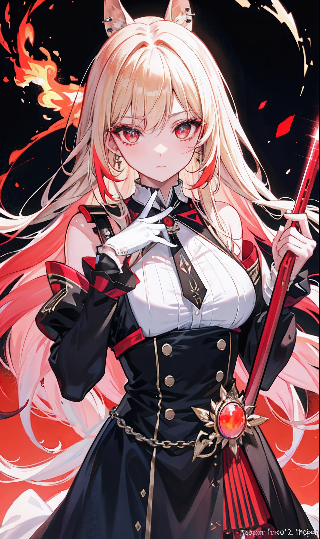 （tmasterpiece，Sideslit，Beautiful eyes：1.2），（tmasterpiece*sportrait），sportrait，busts，（busts），Lifelike，Anatomical correct，3D脸，luscious skin，（Solo），Blonde hair and pickaxe dyeing，Gradient hair，（closeup of face），Lovely face，（Fire opal-like scarlet eyes），Hanging eye corners，（（highdetailskin，Visible pores）），（Perfect body），beuaty girl，little breast，（（）），（（cassock）），（ear studs），（Neck strap），very short gloves，（chain），（Laser material clothing：1.2）