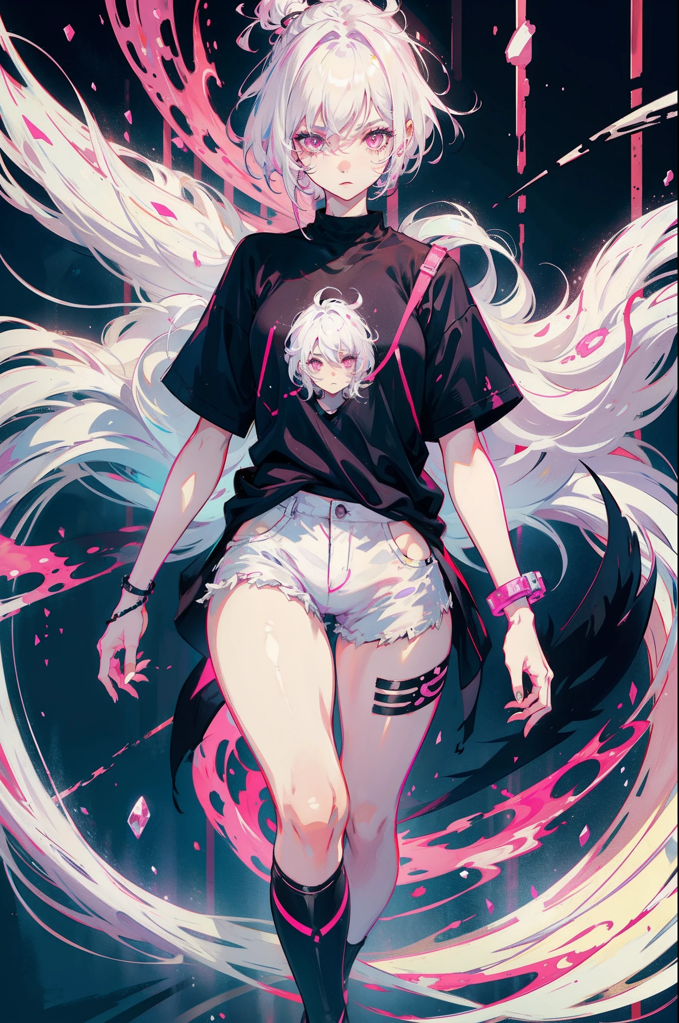 "1 girl with a black t-shirt, white hair, mixed hair colors, pink eyes, and full body."