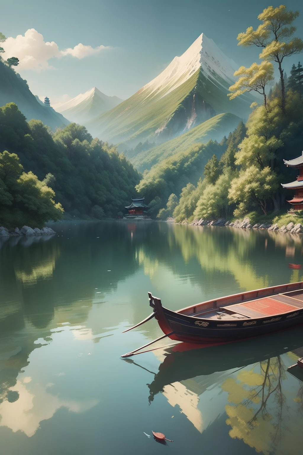Chinese style painting, Japanese style painting,A surface lake water,There is a small boat, Chinese watercolor style, inspired by Tang Yin, A beautiful artwork illustration, Chinese painting style, serene illustration, Detailed cover artwork, Chinese fantasy, author:Qu Leilei, inspired by Fu Baoshi, Japanese art style, Artistic cover, Middle Metaverse