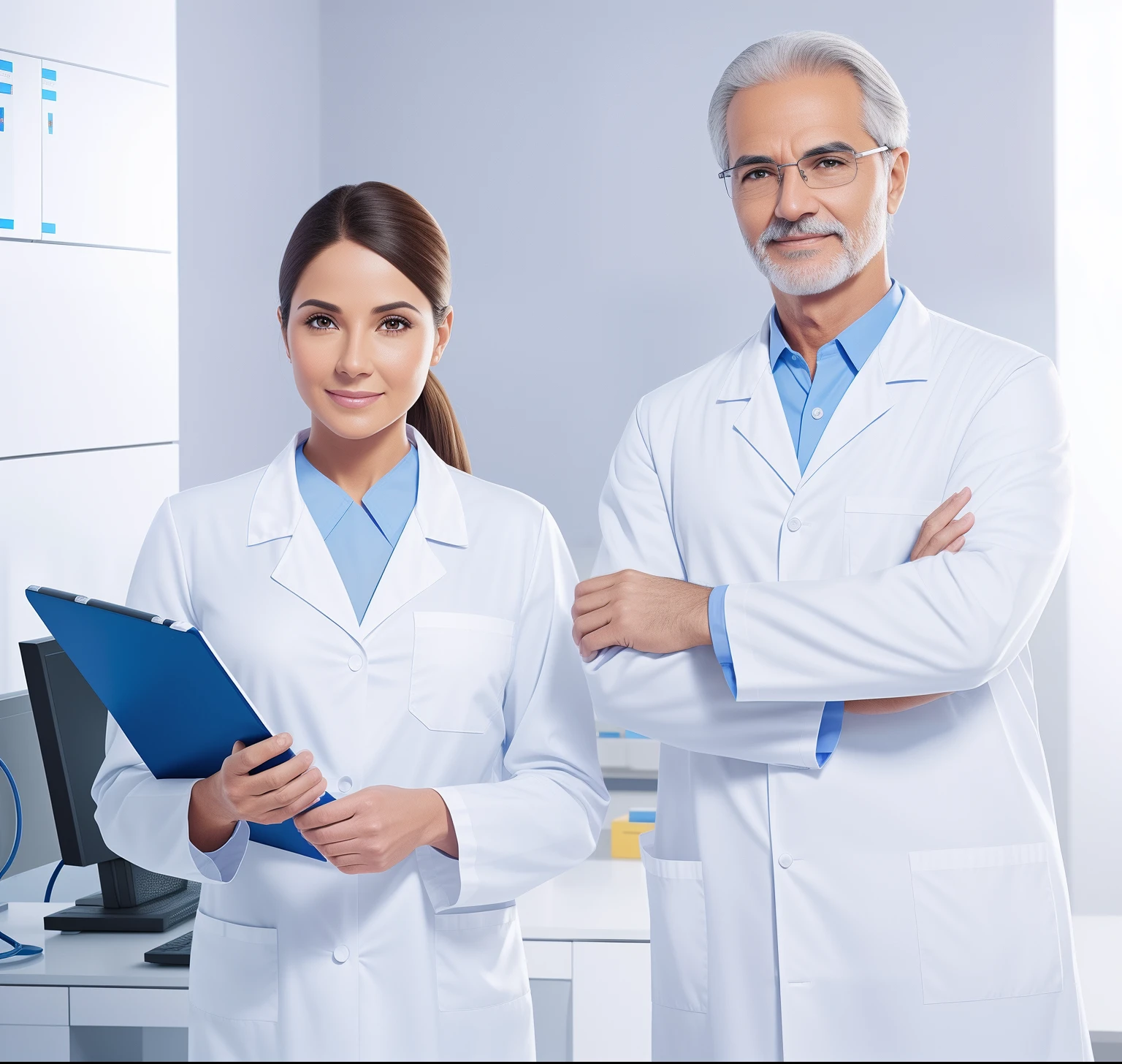 Doctor of men and women in the alavid standing in the ward, wearing a white lab coat, wearing lab coat and a blouse, wearing a lab coat, wearing a lab coat, wearing lab coat and glasses, clean medical environment, the doctor, Scientists, Wearing a lab coat, labcoat, lab coat and tee shirt, male physician, doctor, the scientist, healthcare worker,skin detailed,wrinkles,skin textures,8K high-definition