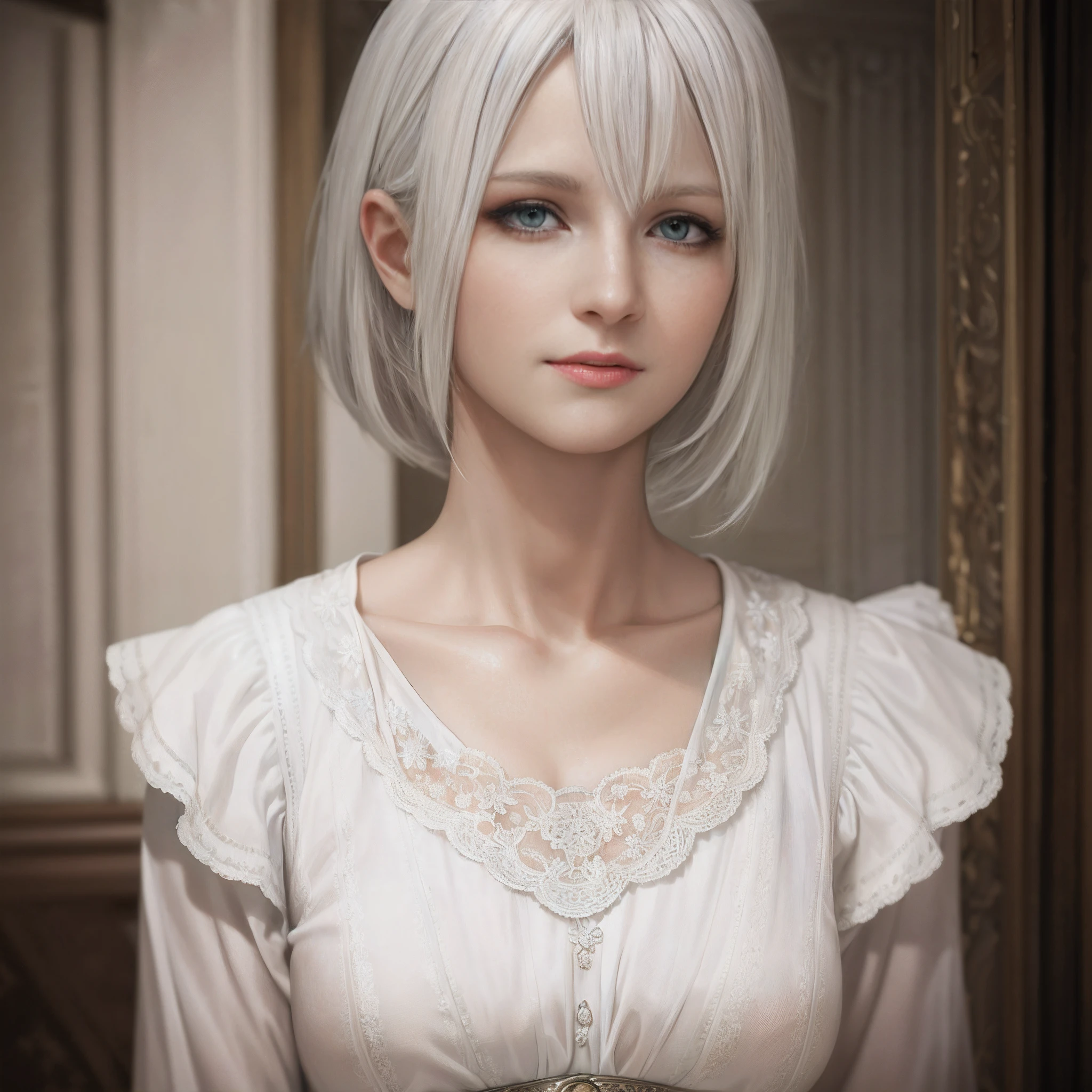 There is a woman with white hair and white dress, Rendu portrait 8k, photorealistic anime girl rendering, Soft portrait shot 8 K, Girl with white hair, render of april, Smooth anime CG art, Girl with short white hair, Perfect white haired girl, cinematic realistic portrait, white haired lady, Tifa Lockhart with white hair