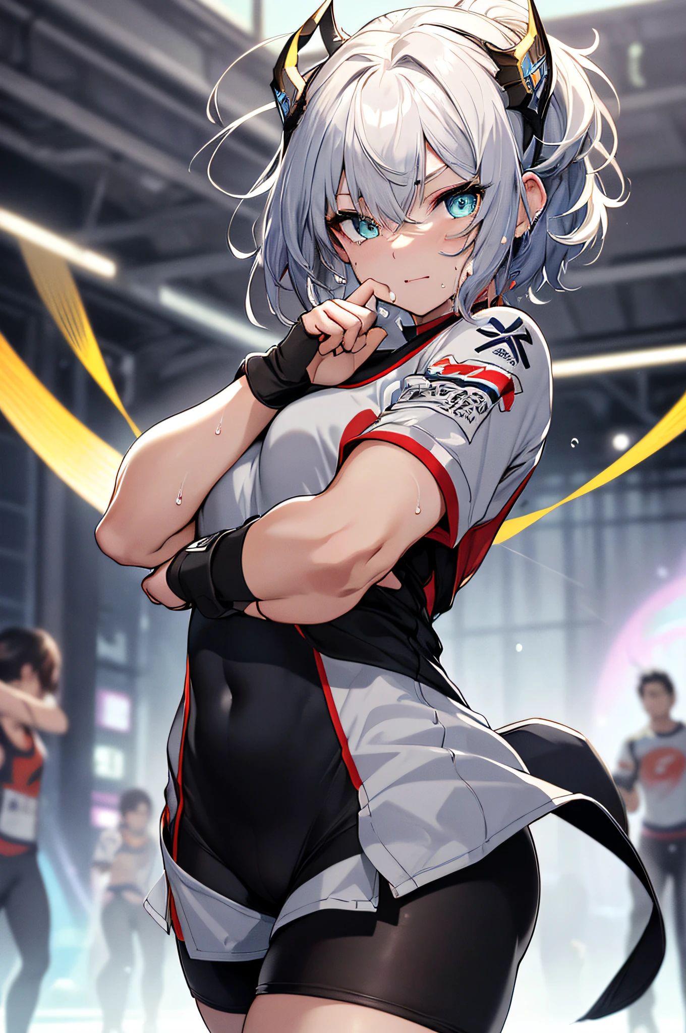 profetional lighting、pretty skin、Her eyes shone like dreamy stars(radiant eyes:1.233)、Delicate fingers and hands、(detail finger)、Delicate toes and legs、(((in 8K, Raw photo, Best Quality))), disheveled hair、Glossy hair、shinny skin、Curvaceous but slender、1 Female Martial Artist、Beautiful back line、Background with:Sandy Arena、well-muscled、Battle Scenes、Splattering sweat、One Hit、A shot of enthusiasm、short-haired、Backgrounds with depth、poneyTail、colourfull、ornament detached、accessorized、sports wear、fighting poses、Separate Wear、short pants、Capoerer movement、Aura of light covering the body、Photos in motion、The moment when a high kick hits the opponent in the face、Highkick、Bled and collapsed、