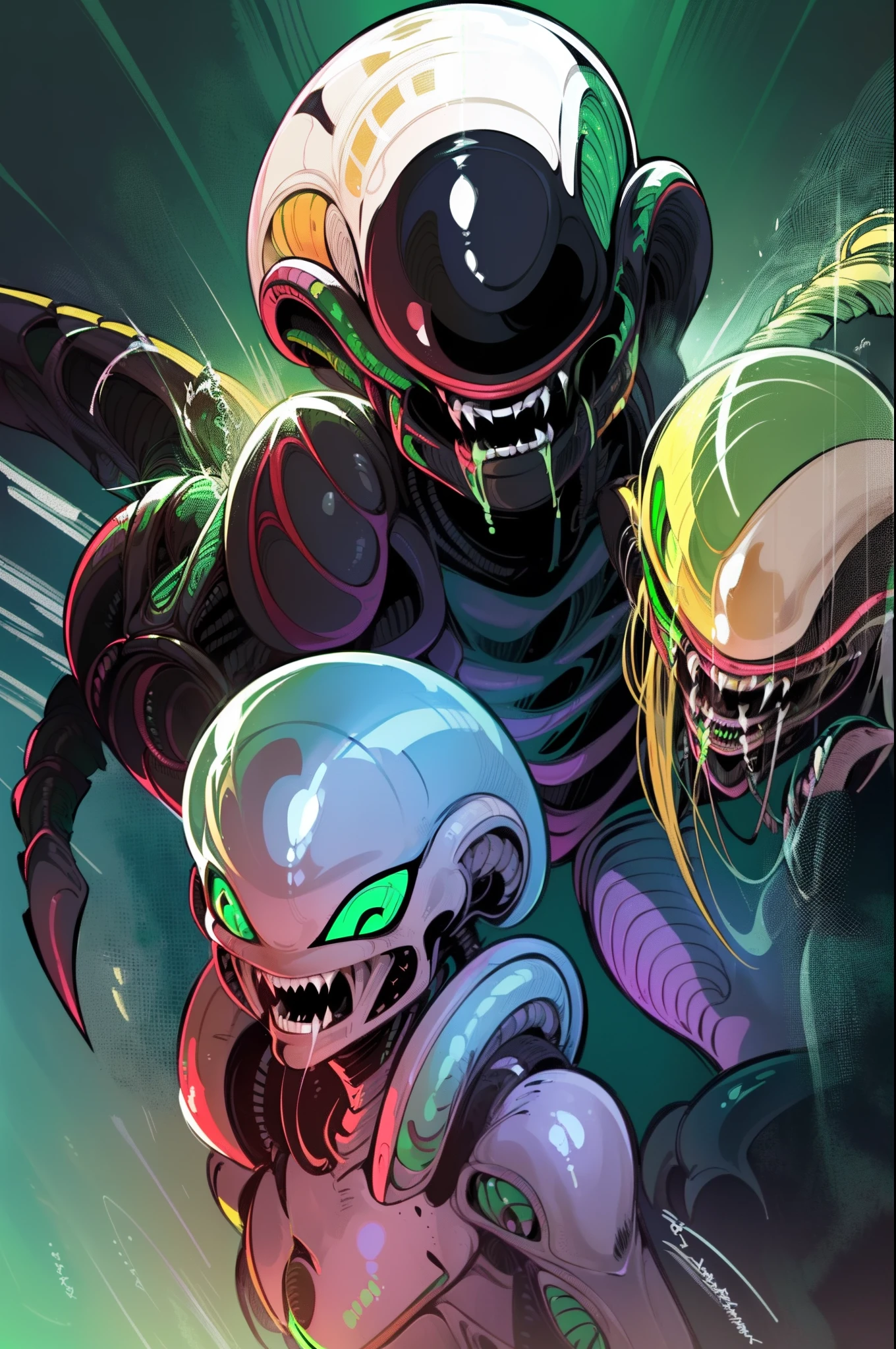 Desenhe um Xenomorfo do filme Alien, Iconic creature known for its creepy appearance and biomechanics. Be sure to include the characteristic details, as the elongated head, the double mouth with a second inner jaw, os olhos escuros e brilhantes, o exoesqueleto negro e brilhante, the sharp claws on the hands and feet, e o longo, Flexible tail. The Xenomorph should be in a threatening pose, com uma postura agressiva e intimidadora. Use sua criatividade para adicionar sombras e texturas para destacar detalhes e criar uma atmosfera sinistra, (((((Male version of the creature))))), (Kinematic), (melhor qualidade), (qualidade 8k), (corpo completo detalhado), (Pose dinamica de luta), ((masculine appearance)), (sem seios), ((((((The male xenomorph alien is fighting other xenomorphs and protecting a normal 6--old l with long blonde hair and green eyes)))))), (Pose dinamica de luta), (Kinematic), (escenario e personagens de corpo completo detalado), (Luta tensa para sobreviver), (qualidade 8k), ((((((((((Don't confuse the xenomorph alien is protecting a 6-year-olrl wigreen eyes and long blonde hair against other xenomorphs))))))))))