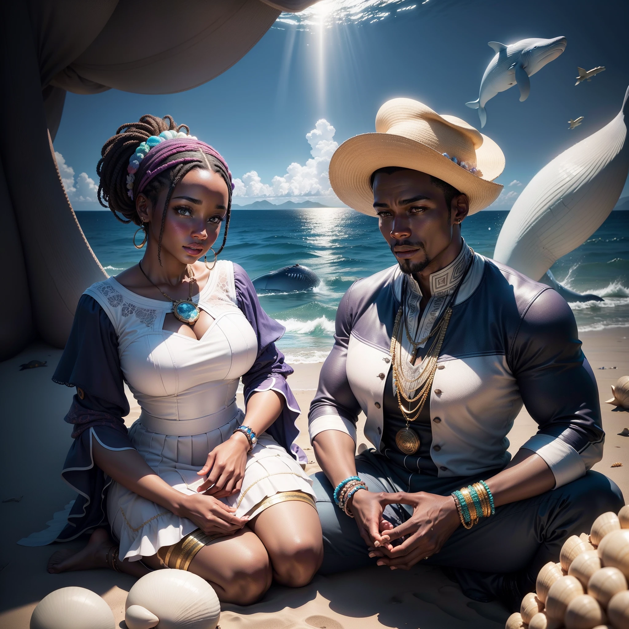 African couple man and woman sitting on the ground looking at a whale in the water above their heads, light beaming from the sea shells around them, with iridescent light, highly detailed images, vibrant beautiful colours, photorealistic image, 8k, ultra HD, unreal engine rendered, cinematic lighting, artgerm style,