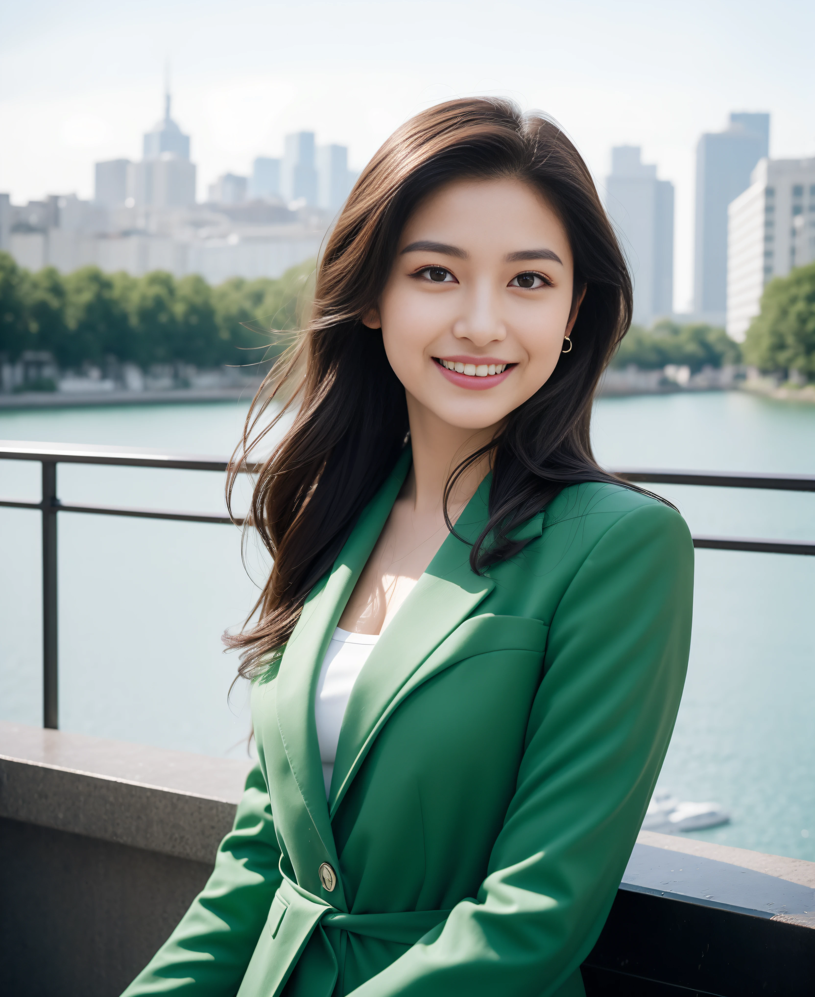 ((best quality, 8K, masterpiece: 1.3)), beautiful girl, pure, melon face, kind and cute, sweet smile, pure desire, slender body, (front), (tilted head), ((looking at camera)) , wearing a green suit, smooth black medium hair, long flowing shoulders, round black big eyes, clear big eyes, moist red lips, sweet, turn around, waist shot, sitting on the terrace, hotel background , (((whole body)))),