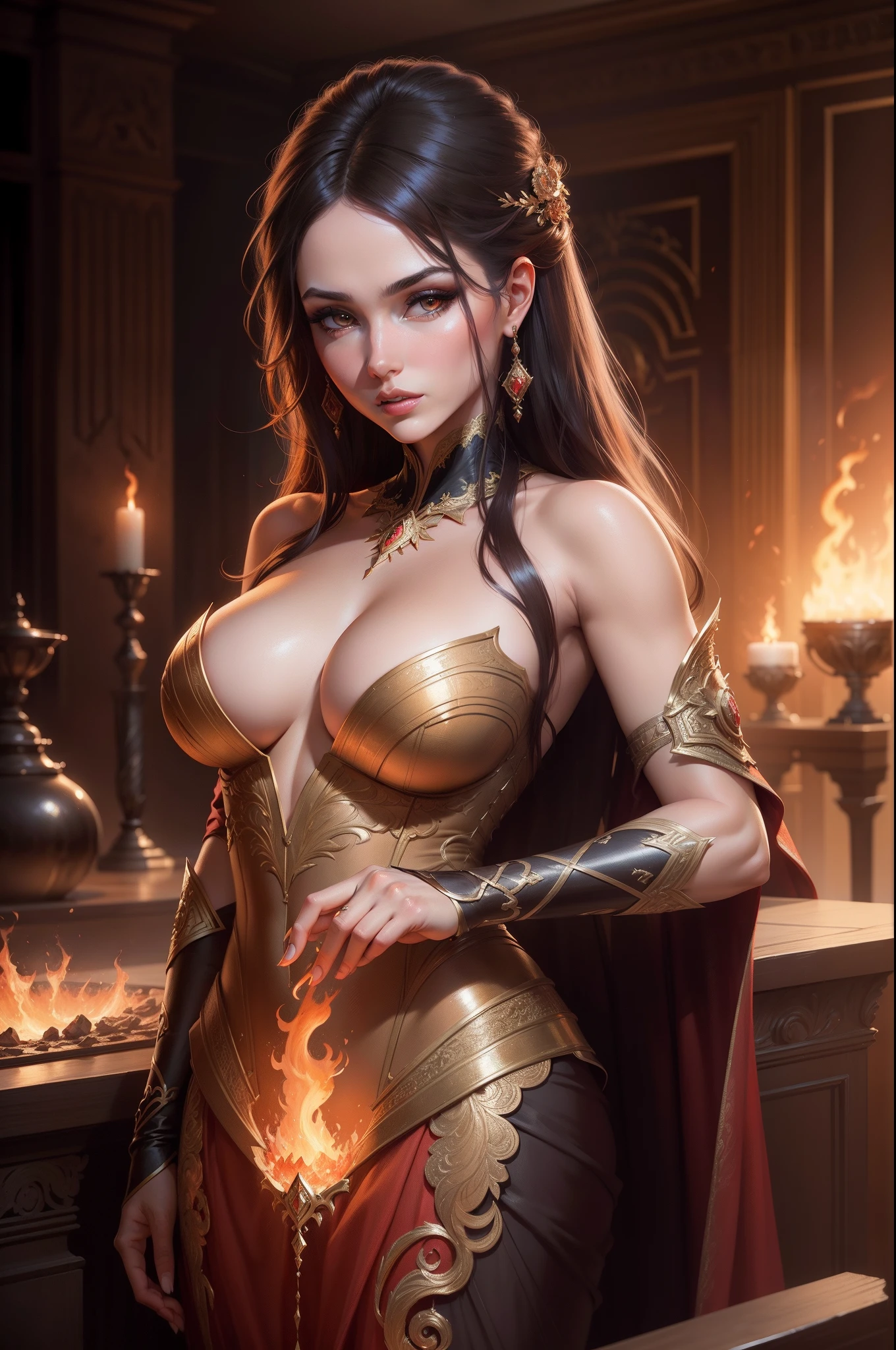 Intricate half-length portrait of a beautiful fiery woman, unreal engine, cinematic smooth, dramatic make-up, intricate stunning high-detailed girl by artgerm and edouard bisson, full neckline, highly-detailed oil painting, portrait of a beautiful cute woman, fire