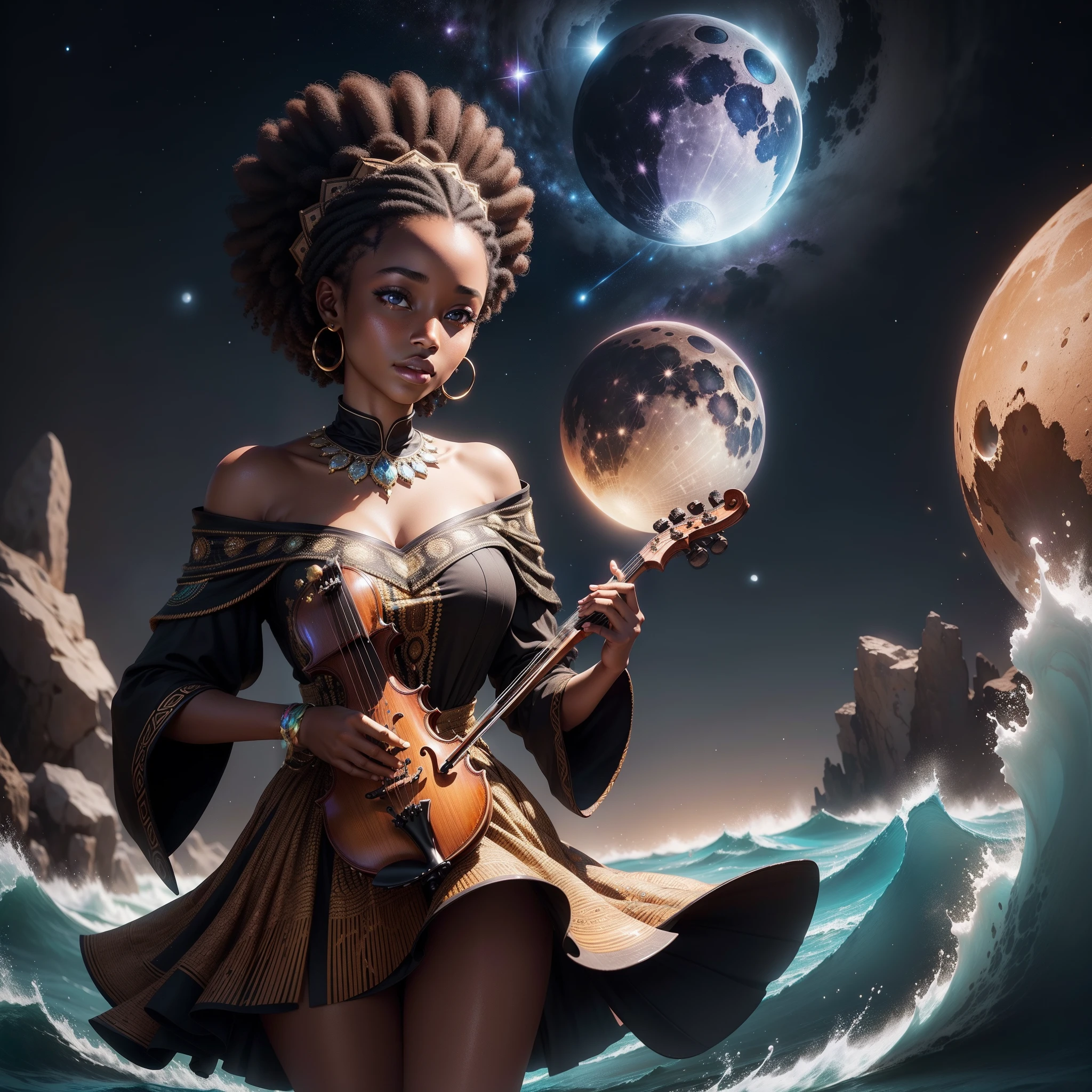 Beautiful black girl playing violin dressed in African design clothes, in between a sea crashing with zn exploding moon covered by stars luminating the scene, with iridescent light, highly detailed images, vibrant beautiful colours, photorealistic image, 8k, ultra HD, unreal engine rendered, cinematic lighting, artgerm style,