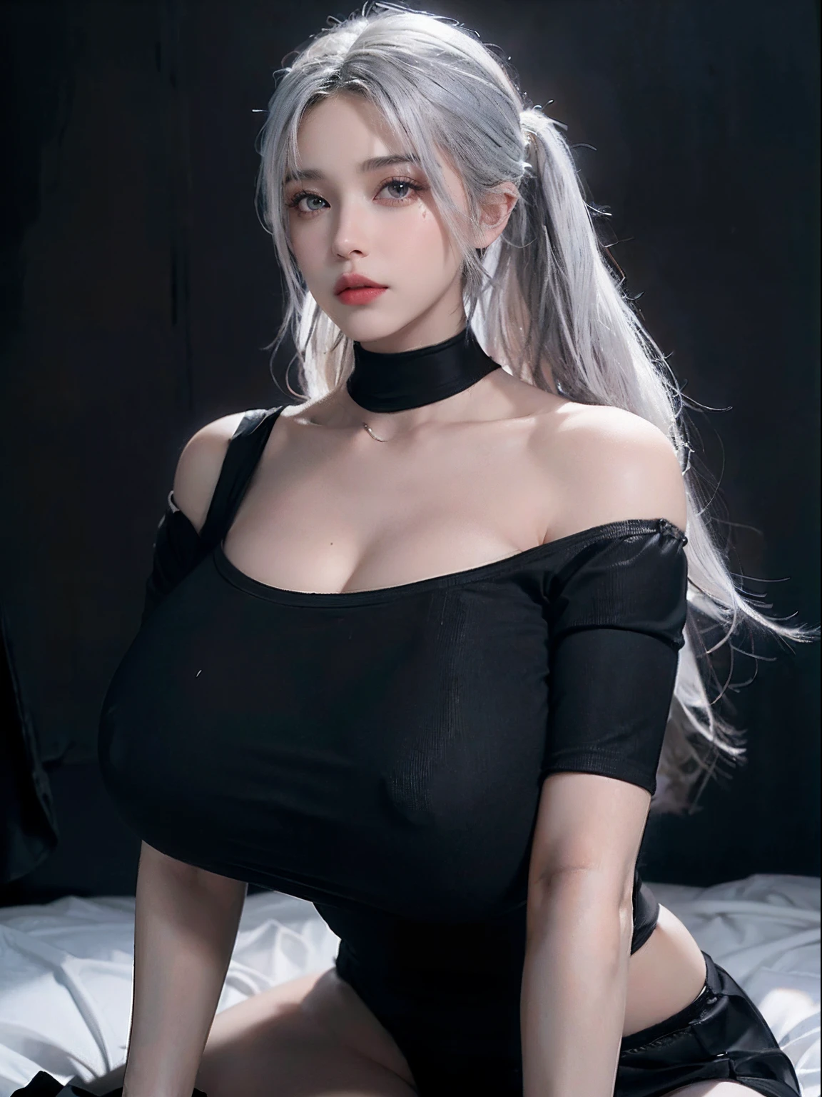 best quality, ultra high res, (photorealistic:1.4), 1girl, off-shoulder black shirt, black tight skirt, black choker, (faded ash white hair:1), (gigantic breasts, large breasts, huge breasts:1.4), looking at viewer, full body shot,