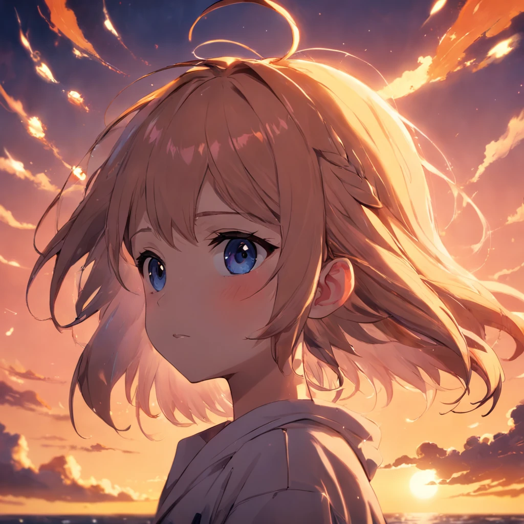 Profile of a cheerful blonde short-haired girl, side boob exposed Indigo eyes starry skies