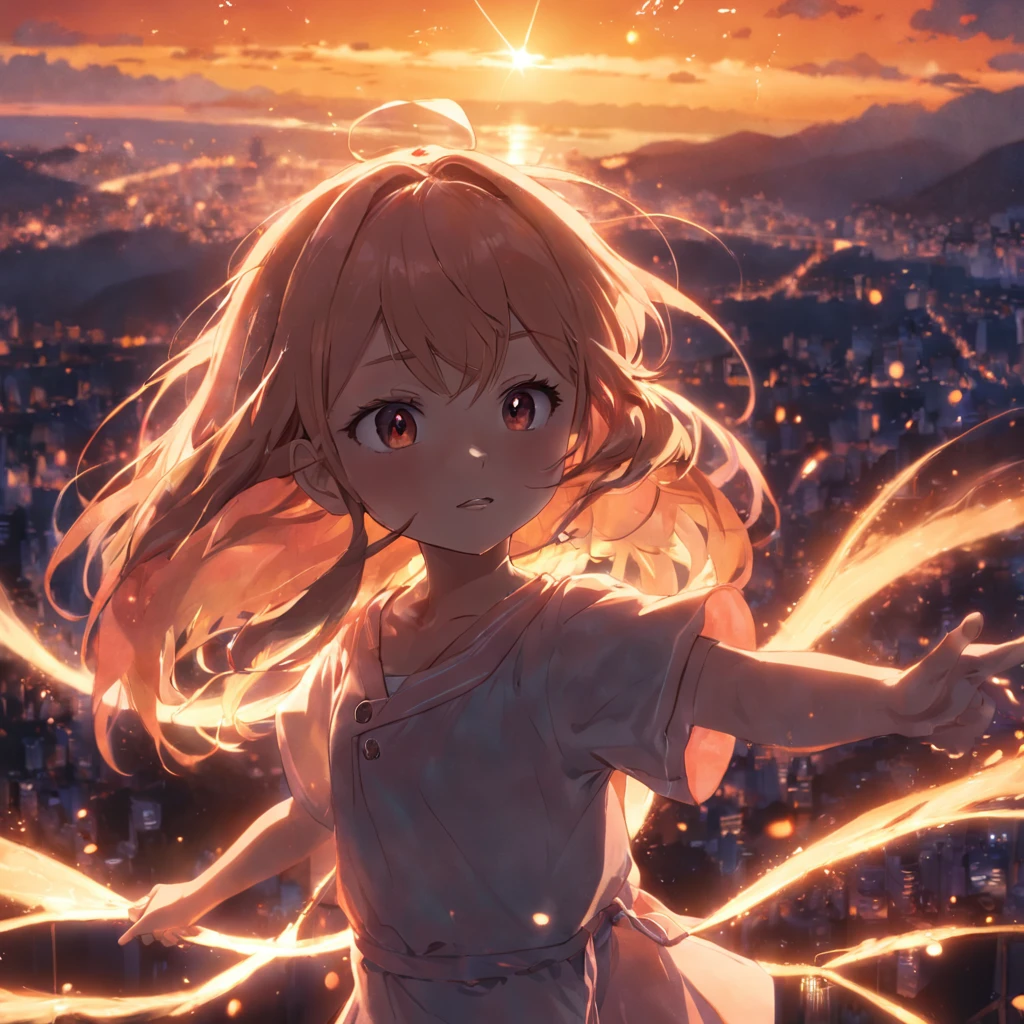 obra-prima, melhor qualidade, filme ainda, 1girl, 7 anos, garota nuvem, As high as the sky, close-up, brilhante, feliz, Soft lighting and Warm, sun sunset, (Sparks: 0,7)