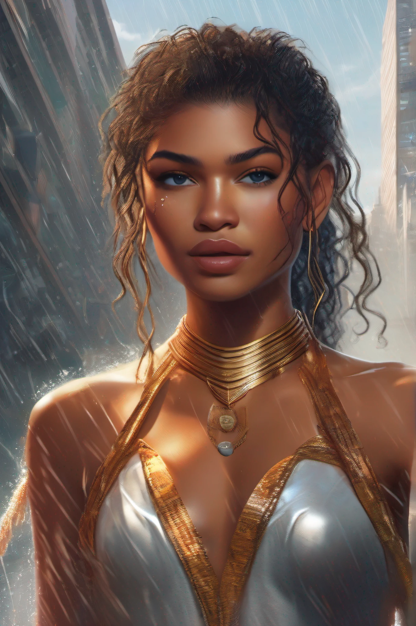 A dark brown-haired photographically ebony 25-year-old Zendaya wears a short orange Egyptian flapping cloak, with bare shoulders and a gigantic deep neckline, as she runs along the quay of a river flowing through a futuristic Egyptian city with her wet hair and clothes flapping in the rough wind. attractive body :1.4), sit-ups :1.1, ), (wet rainy, wet by rain, wet body :1.2), ((thin waist)), ultra-detailed face, detailed lips, detailed eyes, double eyelid, visible veins and curves, pool party, pool.