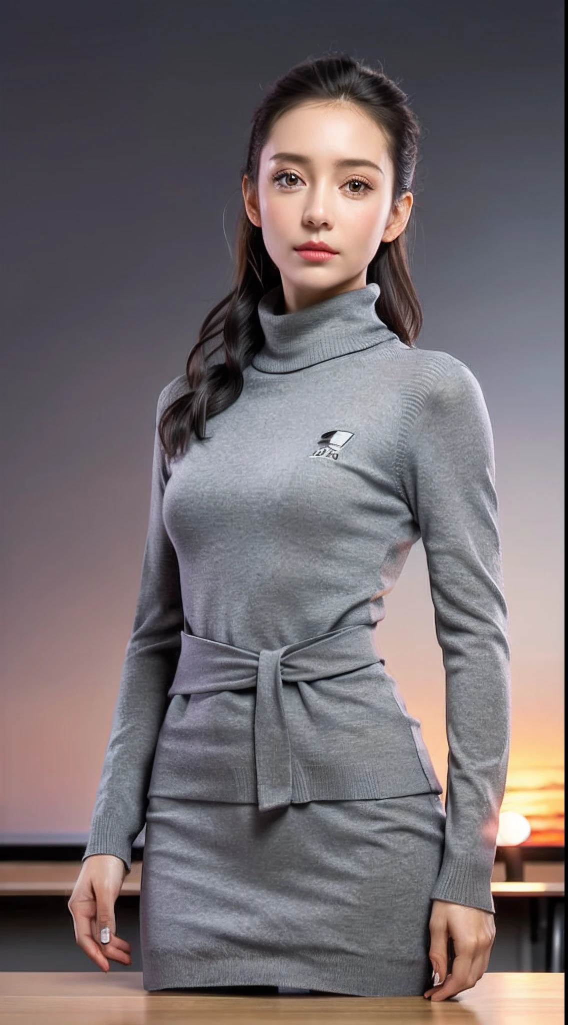 best quality, masterpiece, (realistic:1.2), young  woman,a teacher,waist up, modern style, detailed face, detailed eyes, detailed  dark updo hair,strict expression, detailed skin, (detailed  grey  High-neck long-sleeved sweater:1.2),(look at viewer, dramatic, vibrant, sharp focus,(ruins),50mm,F1.2, EOS-1D X Mark III,standing,(background is classroom),blackboard,platform,(sunset),(small breasts:1.2),(nipple:0.1)