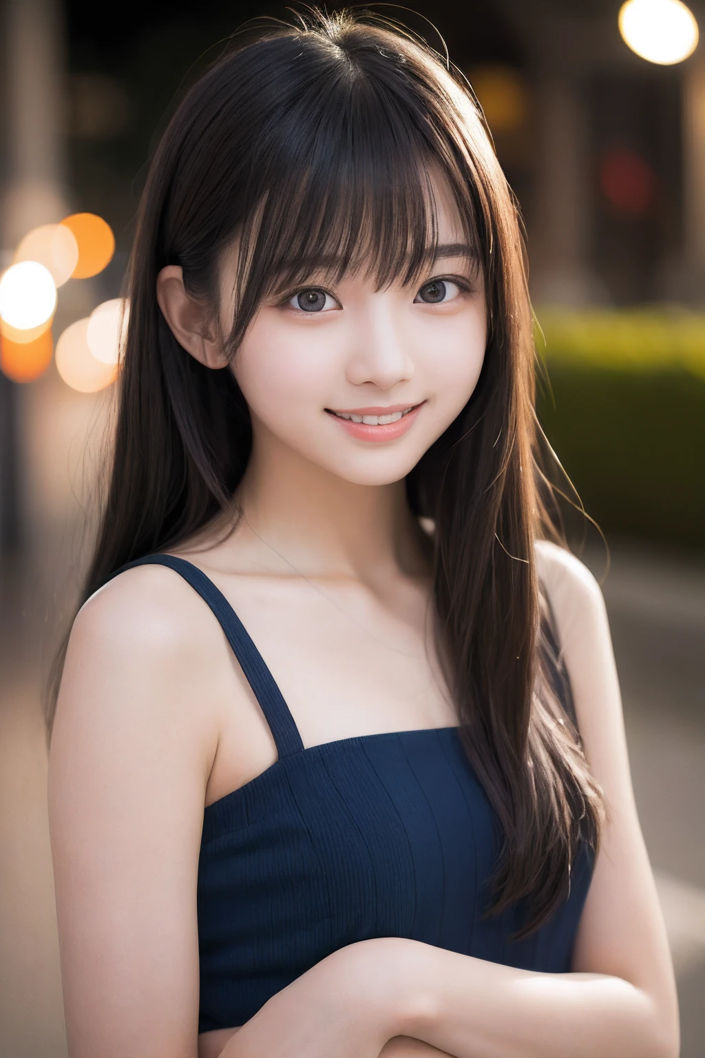 masutepiece, Best Quality, 8K, 15yo student, Teen, Raw photo, award winning portrait, Smile, Smile, Solo, Night, neons, Idol face, violaceaess, gardeniass, Delicate girl, Upper body, Digital SLR, Looking at Viewer, Candid, Sophisticated, zora々Right, Thin arms, Professional Lighting, Film grain, chromatic abberation, (Eyes and faces with detailed:1.0), (Bokeh:1.1)