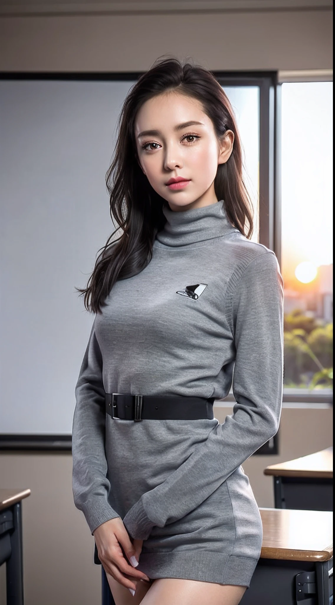 best quality, masterpiece, (realistic:1.2), young  woman,a teacher,waist up, modern style, detailed face, detailed eyes, detailed  dark updo hair,strict expression, detailed skin, (detailed  grey  High-neck long-sleeved sweater:1.2),(look at viewer, dramatic, vibrant, sharp focus,(ruins),50mm,F1.2, EOS-1D X Mark III,standing,(background is classroom),blackboard,platform,(sunset),(small breasts:1.2),(nipple:0.1)