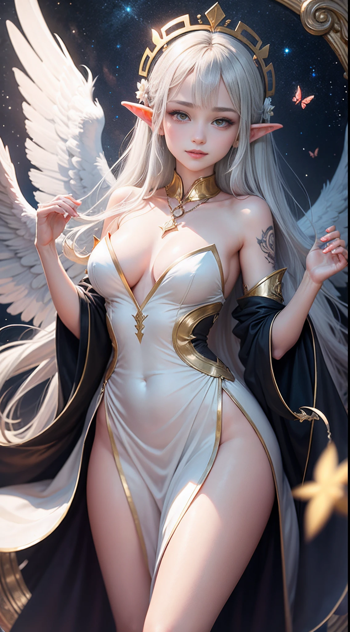 Anime face beautiful girl flying with wings spread、An Extremely Delicate Beautiful Girl、Deepened contours and beautiful brilliance in every detail、full bodyesbian、low angles、Raise both hands、red tattoo、femele、15 only～Only around 25、Long hair up to the waist、White and silver hair、Two or more hair colors、Floating long hair、Delicate facial features、grinning evily、Crimson eyes、Pointed ears(elvish)、Has fangs、Delicate arm and  hands、Delicate hand、middlebreast、odd eye、de pele branca、Delicate gold metal decoration、Circle of Angels、耳Nipple Ring、Beautiful and luxurious necklace、Magnificent plumage、Bracelet、Floating Magic Ball、White dress with gold decoration、Wet Clothes、collarbone visible、Thighs are visible、Elaborate cloth、Stars shining in space、Butterflies fly around、Golden halo around the girl、Beautiful dense black、Holy God、Quality improves、Ultra-precise and fine、Ultra high quality 8K CG wallpapers