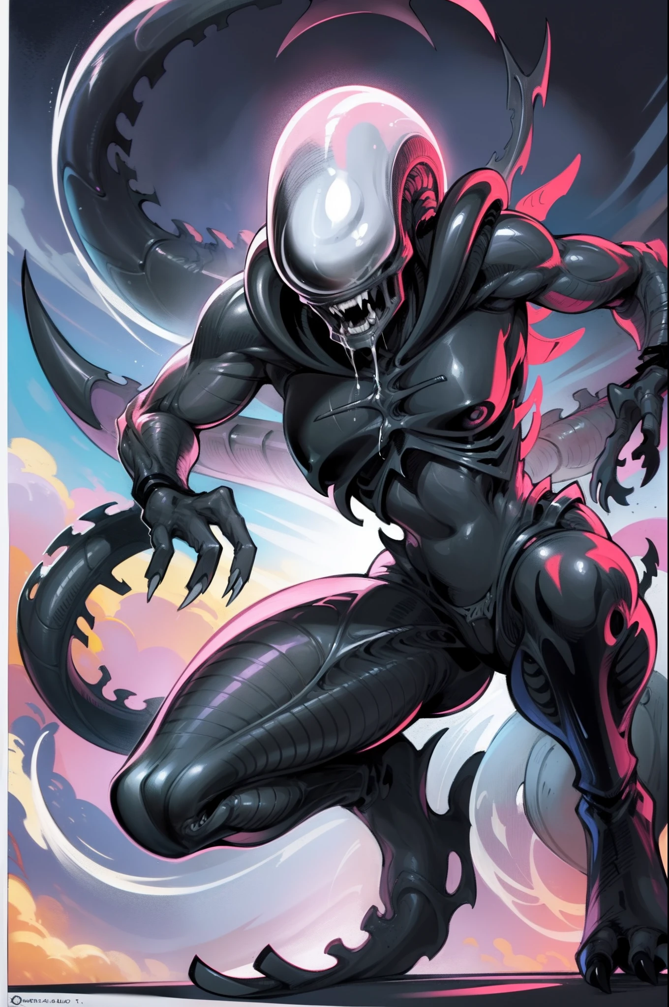 Desenhe um Xenomorfo do filme Alien, Iconic creature known for its creepy appearance and biomechanics. Be sure to include the characteristic details, as the elongated head, the double mouth with a second inner jaw, os olhos escuros e brilhantes, o exoesqueleto negro e brilhante, the sharp claws on the hands and feet, e o longo, Flexible tail. The Xenomorph should be in a threatening pose, com uma postura agressiva e intimidadora. Use sua criatividade para adicionar sombras e texturas para destacar detalhes e criar uma atmosfera sinistra, (((((Male version of the creature))))), (Kinematic), (melhor qualidade), (qualidade 8k), (corpo completo detalhado), (Pose dinamica de luta), ((masculine appearance))