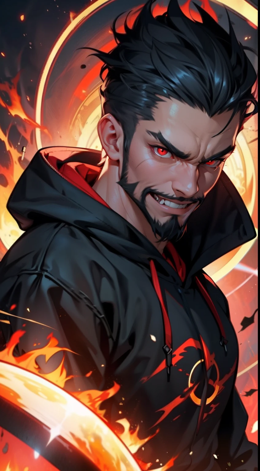 1man,goatee, masterpiece, perfect face, expressive, crazy smile,close up, spell, fire, magic, mad,madness, dark,night, cinematic, particles, burning, hot, ((lighting underneath)), horror, badass, hoodie, red eyes, amapire fangs, fire sphere, magic sphere, ((circle))
