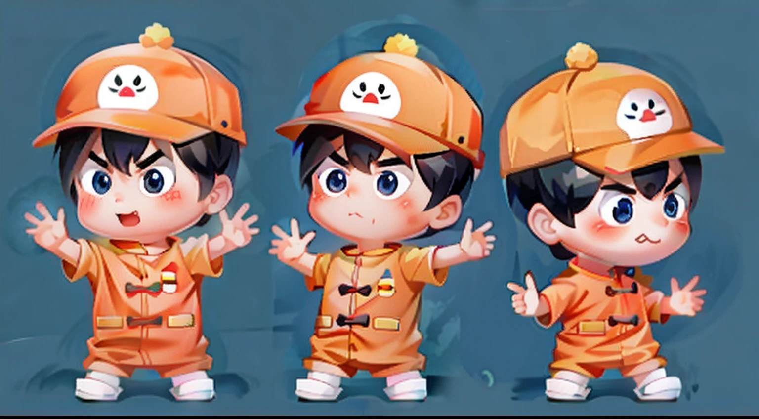 Emoticons, various expressions of an extremely cute little Chinese boy, with student clothes ，with a orange hat，Expressions such as angry, puzzled,  surrounded by emoji symbols, watercolor children's illustration style, bold outline style --ar 3:4