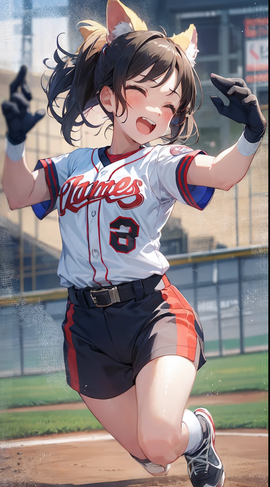 It depicts the activities of a dog beast-eared girl who breaks into a baseball game.。baseball、Hard ball、ball of baseball、（（（Two dog girls and an outfielder:1.9）））、（two people:1.5）、Aerial Play、Caught in the air、globe、Caught with a glove、Catch the ball、jumpping、Oversized Jump、Caught in the air、Dog Daughter、The moment an outfielder catches a bullet liner home run ball、Direct catch with incredible speed and leaping power。Outfielders、I jump where I can reach the ball.、At that moment、A dog girl flies higher than an outfielder to catch the ball。Dog Daughter、Hold the ball and land with a smile。Spectators and teammates、Cheers and applause for the phenomenal play of the dog daughter。 This work is、A work full of speed and dynamism。The dog daughter and the outfielder's chase、Breathtaking developments。Beast Girl、Sprint。Outfielders、I will run as hard as I can to protect myself。As a result、Shocking scenes that take place in the air are created。This work is、In depicting the passion and skill of a dog daughter、Captivates the viewer's heart。Dynamism、force、Dull hair、energy、Dust visualization、Wind visualization、A daughter、uniform、globe、Canine ears、Dog tail、Wild movement、delighted、Overwhelming jumping power is a showcase.、Outfielder in background、Woman chasing the ball。