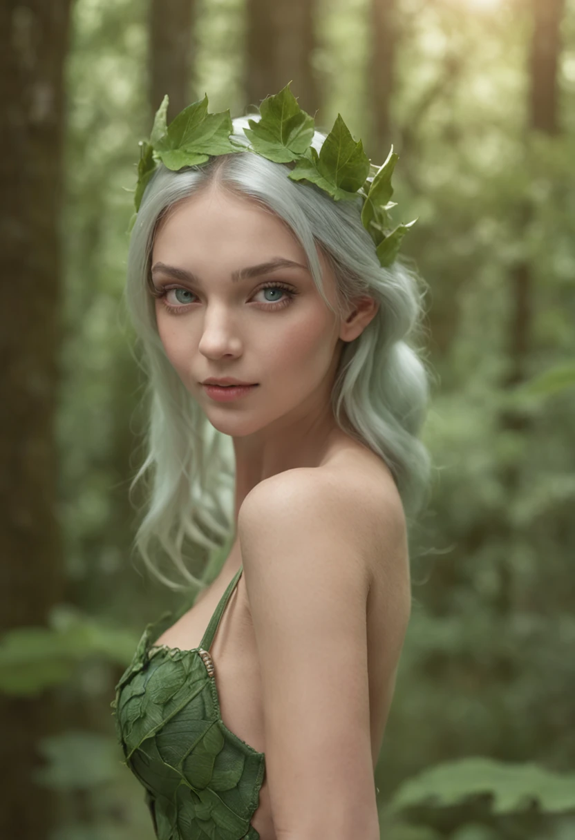 (nsfw:1.5), soft-lighting, A forest elf woman, elegant, regal, high elf, walking seductively in the dark woods, mossy with, real toad stools, a full body shot, (Realistic fantasy rendering in a forest), matte painting portrait photo, Realistic fantasy photography, (lust:9.0), mini tiger striped micro bikini, open, cleavage, hot photos in green thong, sweedish super model, with a stern look , very beautiful style, very pretty model, beautiful and smiling, candid picture, beautifull, cute seductive stare, very seductive pose, modeling shoot, stern, modern beauty, with lovely look, candid photo, female with white hair, almond shaped eyes, fairy creature, luminescent blue eyes, wearing a sheer gown, gown is a thin vail of plant like material, with green veins. Sexy dress covering all of her body, see through clothing made of plant like material, leaves covering her privates sexy image, wide hips, big chest, lovely, crown made of ivy, ivy underwear, elf that is part fairy, adorned with some metal trinkets, emerald jewls, looks young, but she is ancient, looks 18 years old