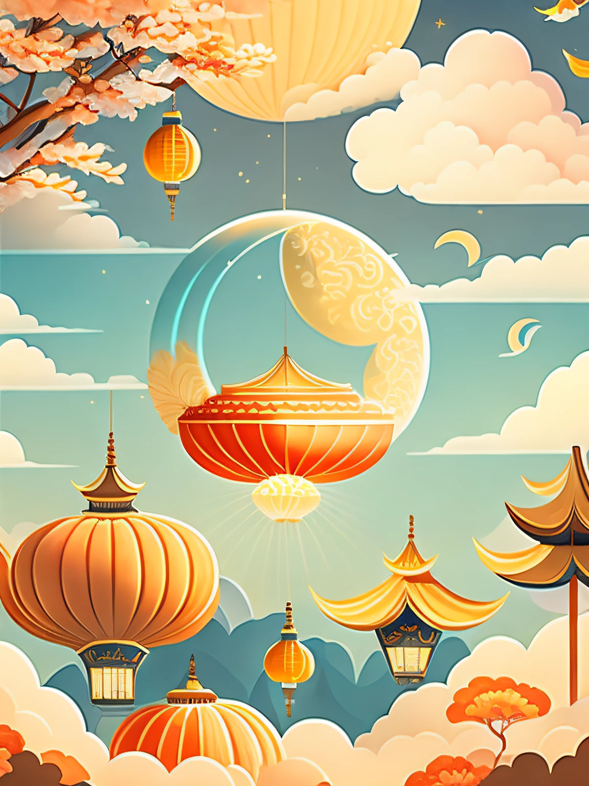 Art is commercial illustration,The theme is the Mid-Autumn Festival poster。The background is a scene of the moon and the moon palace,There are lanterns flying outside the moon。The center area of the picture is centered and typeset,The main body is Jade Rabbit making mooncakes。laurel、mont、Eau、Clouds and other details decorated,T-shirt design,rzminjourney,vectorial art