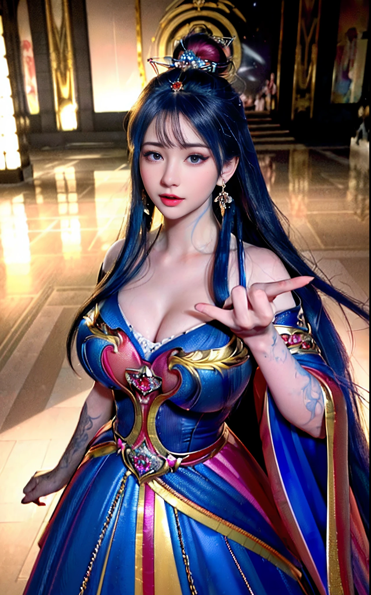 ((realisticity: 1.2)), ((realistic: 8K UHD)), ((best resolution: 8K UHD)), hyper detailed, best quality,masterpiece,highres,cg, ((1 girl hyper detailed and hyper realistic) ) , ((beautiful queen, hyper realistic and hyper detailed)),((white skin, beautiful, smooth, youthful, hyper realistic and hyper detailed )), ((Face hyper beautiful, white, hyper realistic and hyper detailed ) ), long hair, ((hyper realistic and hyper detailed dress)), solo, ((hyper realistic, hyper beautiful, beautiful and hyper detailed jewelry)), ((hyper beautiful deep red and golden yellow dress, hyper realistic and hyper detailed )) , ((Her pretty, hyper realistic, hyper detailed diamond filled earrings)), ((Her gorgeous diamond haircut, hyper realistic and hyper detailed)), ((hyper pretty upper body, hyper beautiful, hyper realistic and hyper detailed) ), ((medium breast: 1.1)), ((hyper realistic, hyper pretty, hyper detailed boobs)), ((the backgroun of the royal palace is hyper majestic, hyper realistic and hyper detailed)),((hands and palms hyper beautiful, hyper detailed, hyper realistic)), ((hyper detailed and hyper realistic fingers and fingernails)), ((hyper pretty fingernails, hyper vivid, hyper detailed, hyper realistic)), ((thumb, index finger, middle finger, ring finger, little finger hyper vivid, hyper pretty, hyper detailed, hyper realistic)),
((hyper beautiful fingers, hyper detailed, and hyper realistic)), ((posture not too fat and not too thin, hyper realistic, hyper detail)), ((hyper pretty, hyper pretty, hyper realistic and hyper detailed hair bun)), ((hyper pretty , hyper realistic and hyper detailed blue hair)), candid, Photo, high resolution, 8k , bokeh,