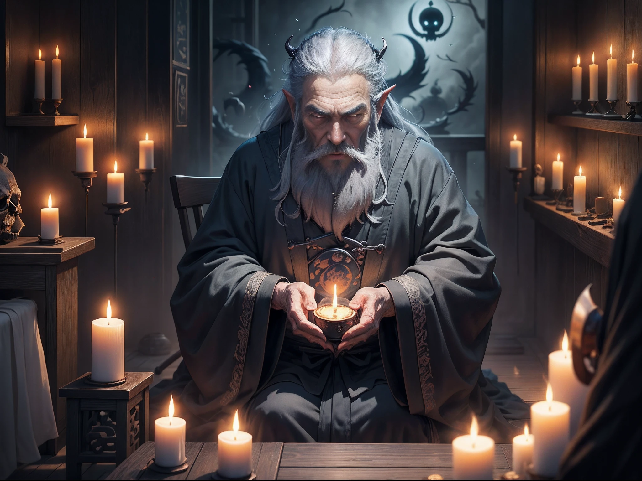 ​masterpiece、Magic Taoist、A old man、Long grey hair、long beard、Black attire、holding an cane、Robe of Darkness、Countless candles、Skull lamp、Magic Square at Your Feet、Moon Night、Crimson Dragon、Blue Flame、Floating Dead Spirits、Fireball released