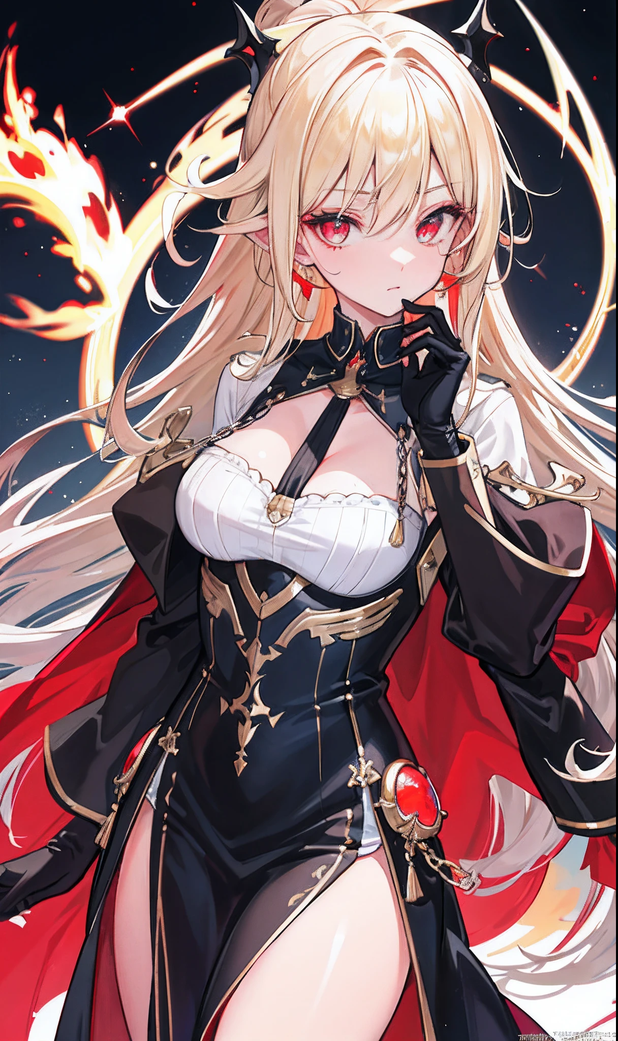 (tmasterpiece,Sideslit,Beautiful eyes:1.2),(tmasterpiece*sportrait),sportrait,busts,(busts),Lifelike,Anatomical correct,3D脸,luscious skin,(Solo),Blonde hair and pickaxe dyeing,Gradient hair,(closeup of face),Lovely face,(Fire opal-like scarlet eyes),Hanging eye corners,((highdetailskin,Visible pores)),(Perfect body),beuaty girl,little breast,(()),((a cassock)),(ear studs),(Neck strap),very short gloves,(chain),(Laser material clothing:1.2)