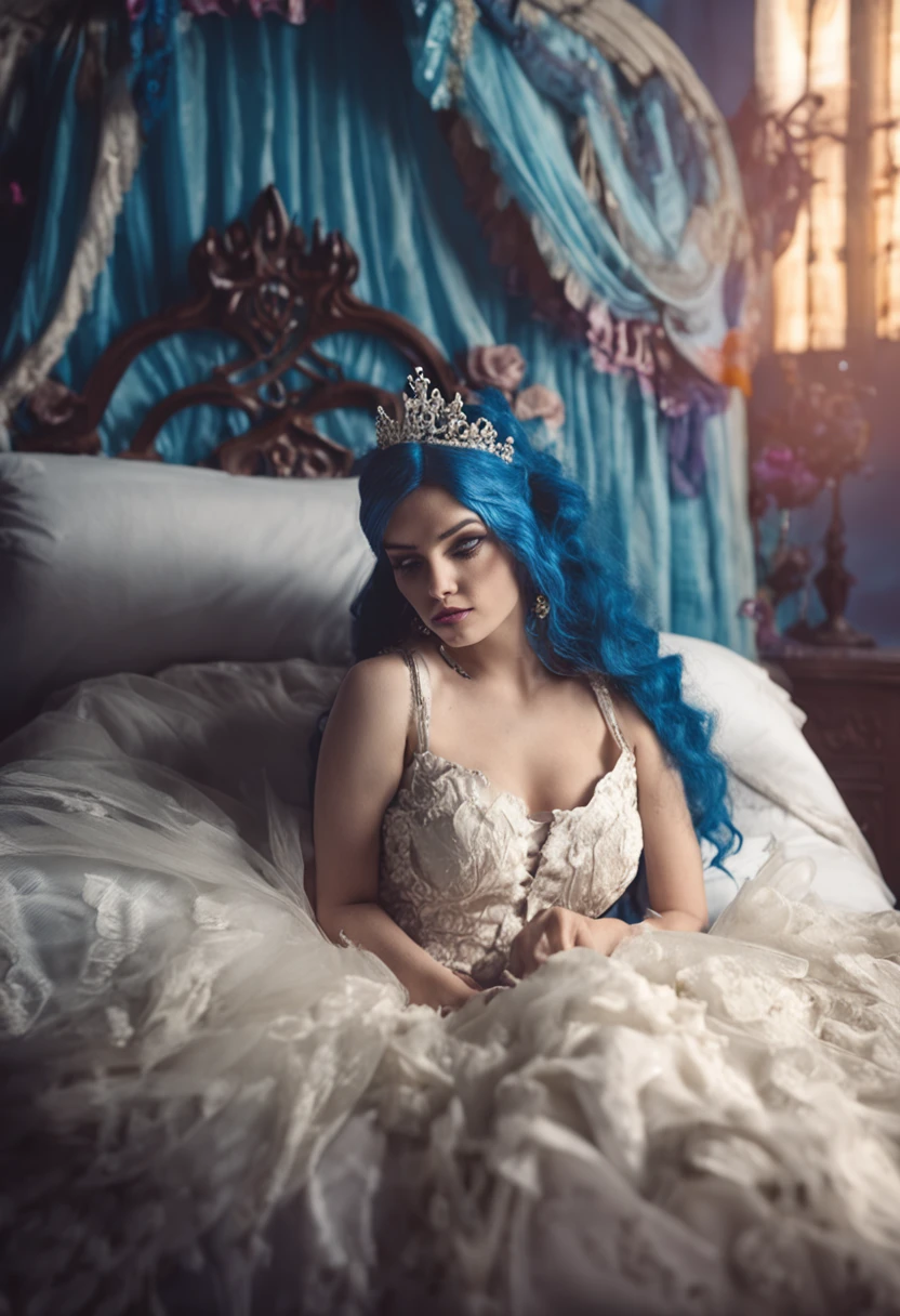 emily, corpse bride at 18 years old at the bed, on all fours showing her ass, pubic hair, blue hair, bridal diadem, deepthroating a 7 inches blue dildo